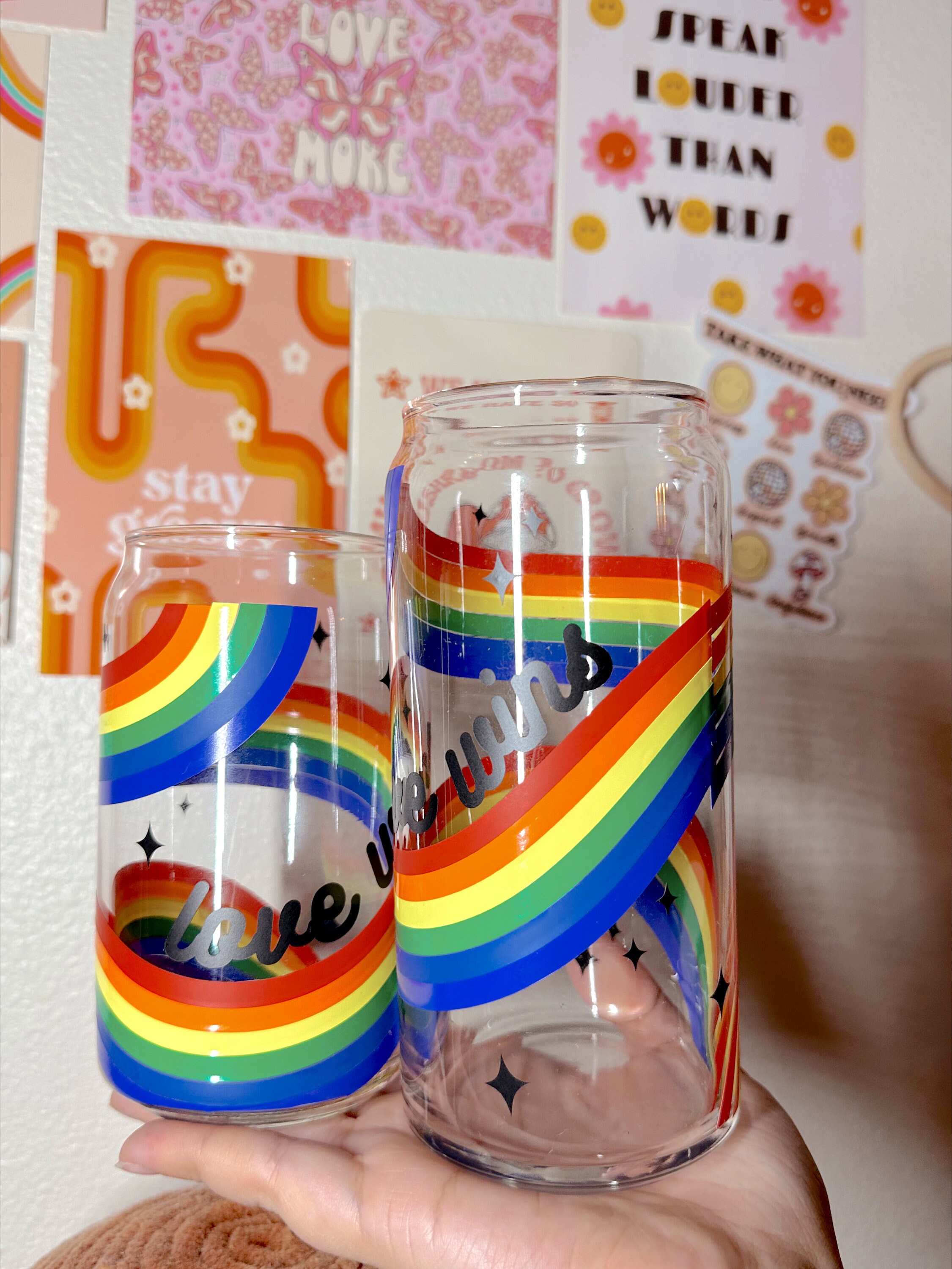 Love Wins Glass Cup, Love All People, LGTBQ Glass Cup, Rainbow Glass Cup, Retro Wrap Glass Cup