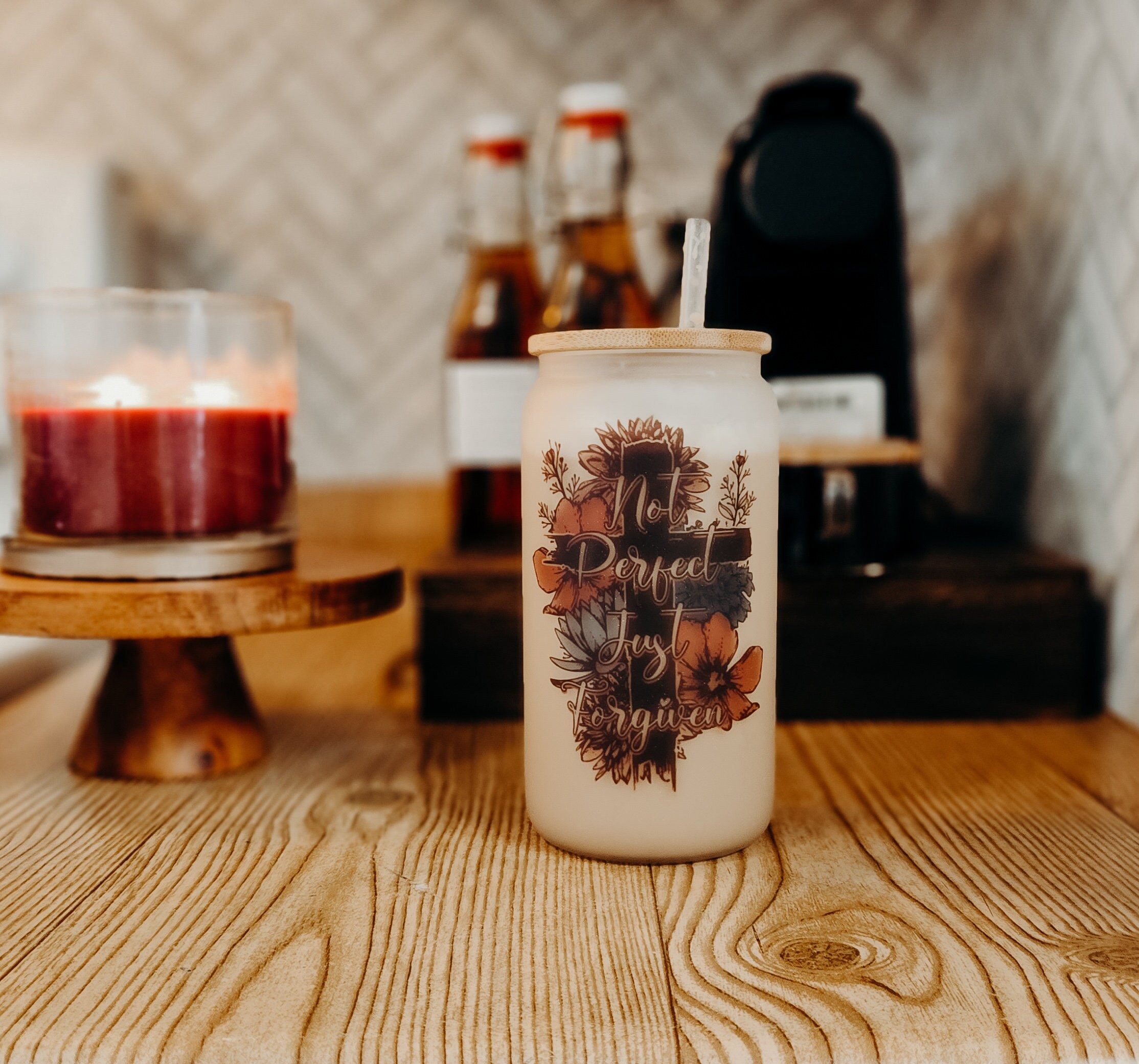 Forgiven Iced coffee cup, mama coffee cup, Iced Coffee Cup, Glass Can, Glass Cup with Lid and Straw, Bible gift,  Christian gift