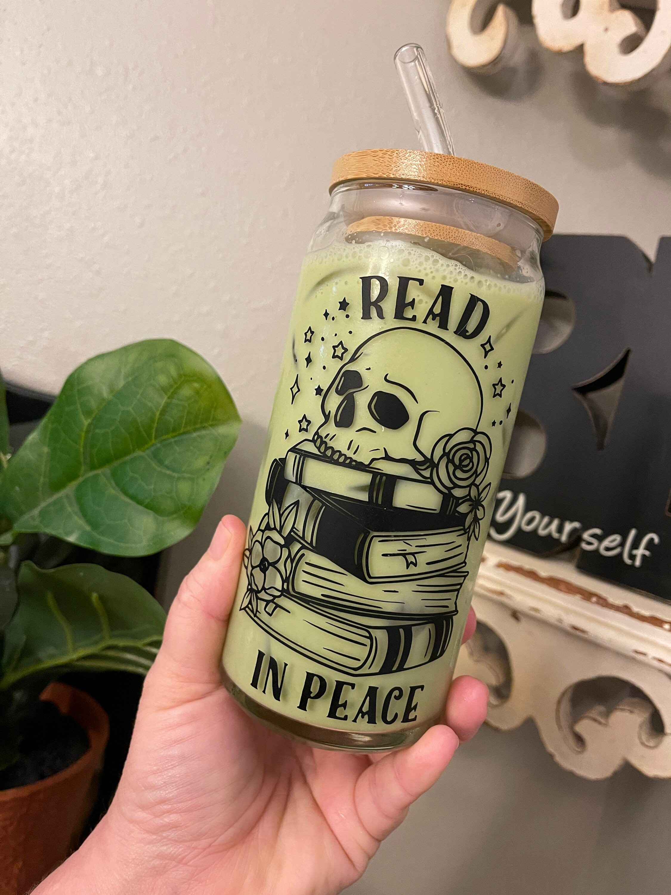 Read in peace Beer Can Glass | book coffee glass | Best Friend gifts |  coffee glass | iced coffee glass | hippie vibes glass|book worm gift