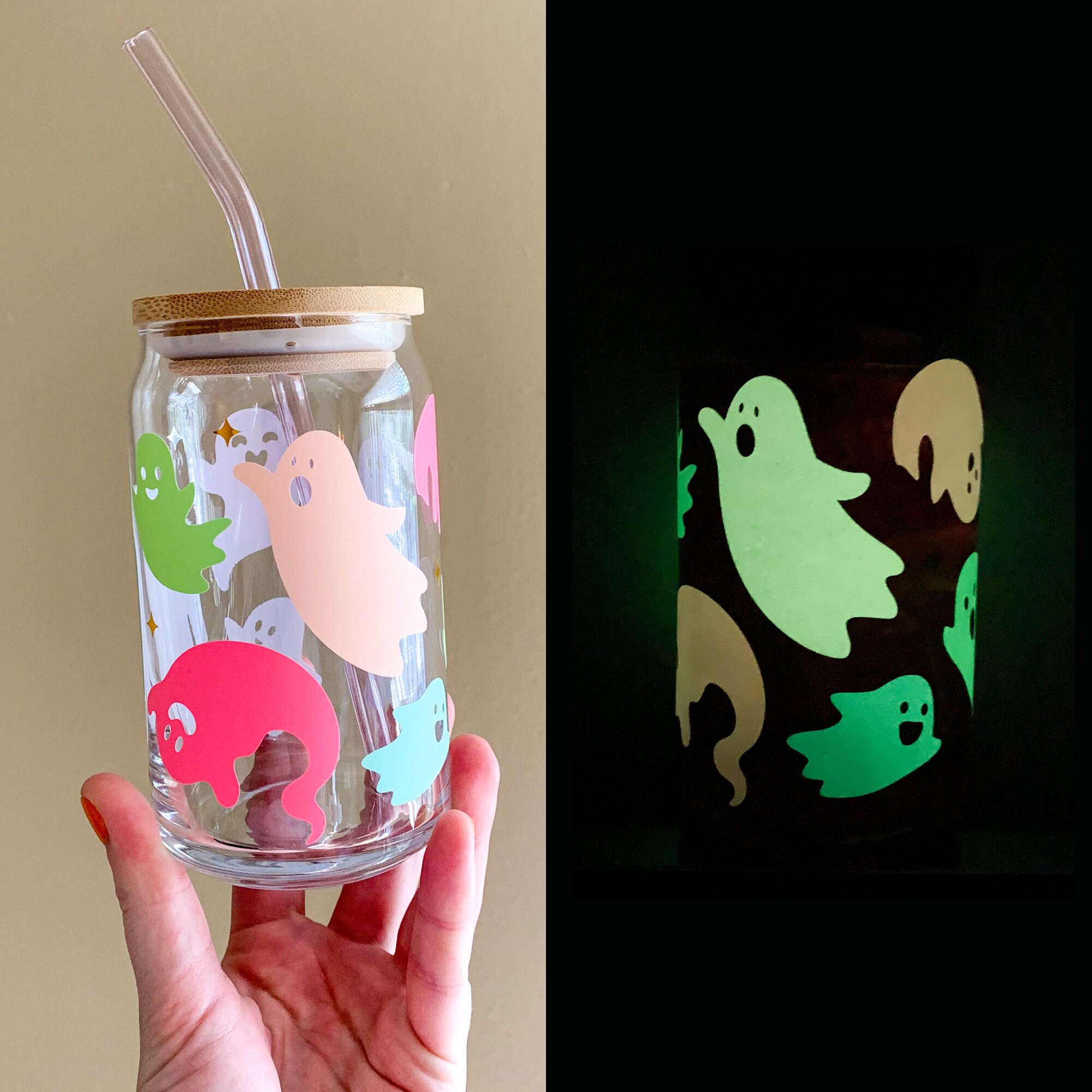 Ghost Glass Cup Glow-in-the-Dark | Halloween Can Glass | Halloween Iced Coffee Glass | Iced Coffee Cup | Cute Ghost Cup | Ghost Cup