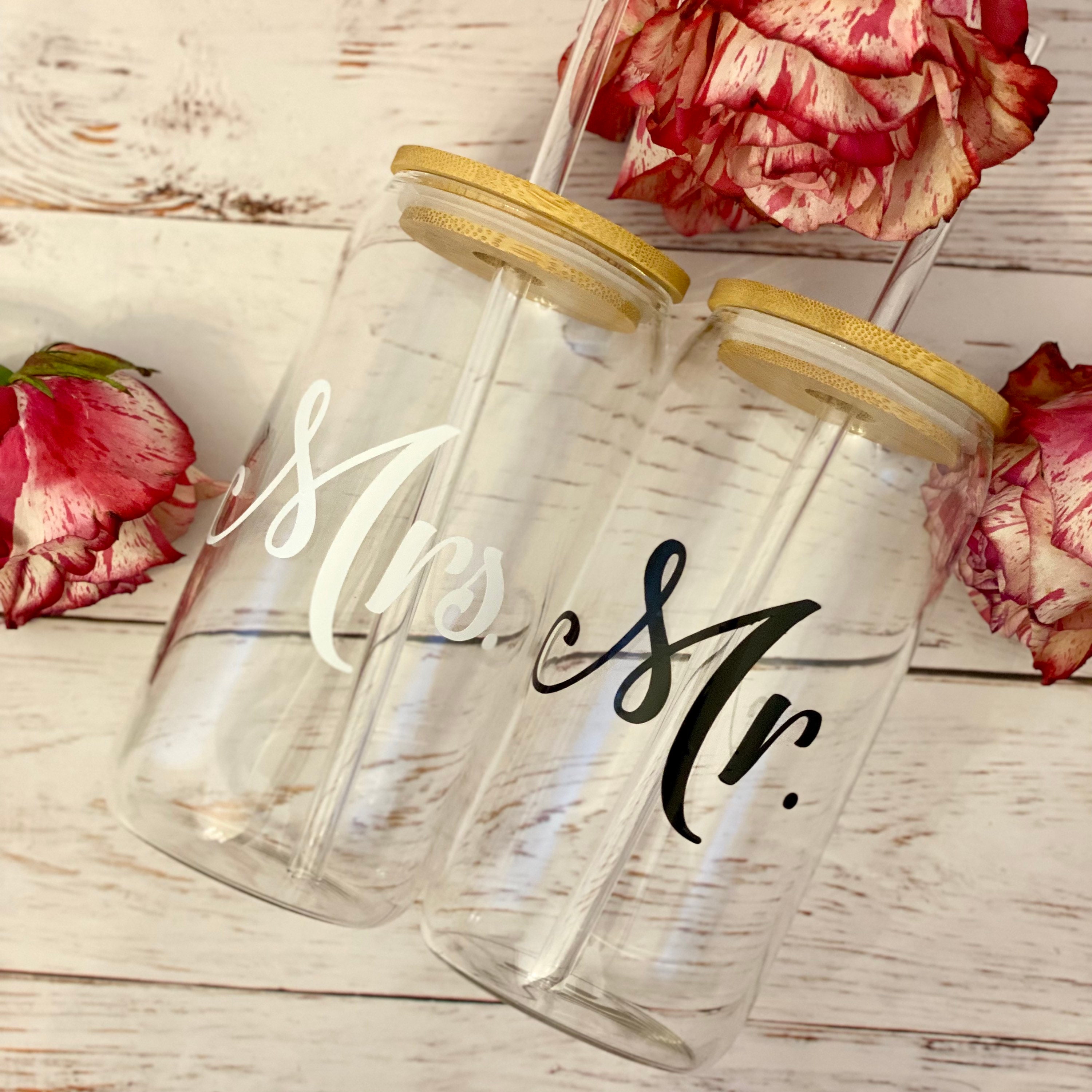 Mr./Mrs. Mr/Mr. Mrs./Mrs. Engagement Wedding Gift 16oz Glass Soda Can Reusable Cup with Bamboo Top and Glass Straw Set of Glasses