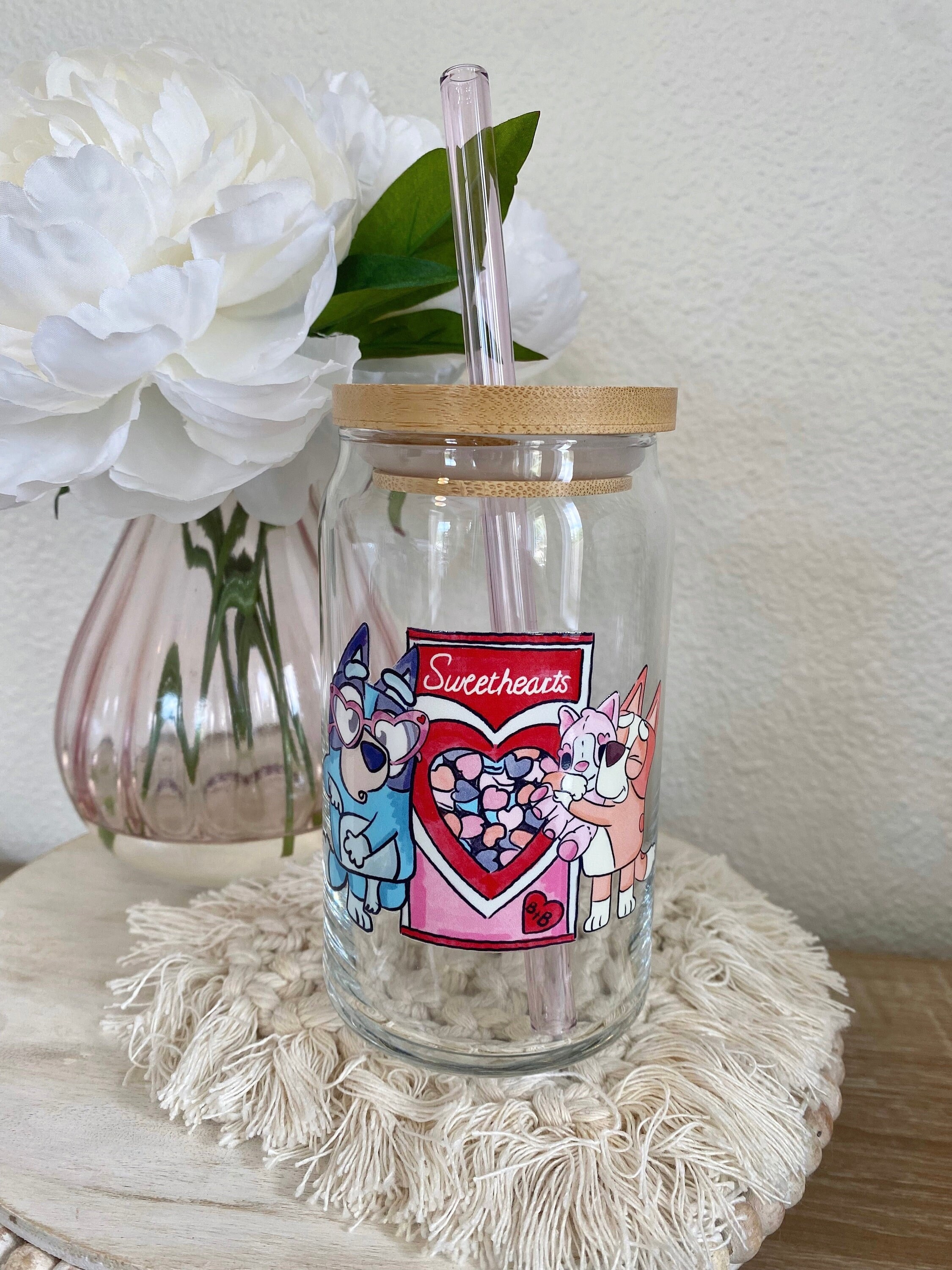 Valentines Blue Dog & Bingo Beer Can Glass, Cartoon Character Iced Coffee Glass, Blue Dog Vday Cup, Sweethearts Candy Cup, Galentines Gift