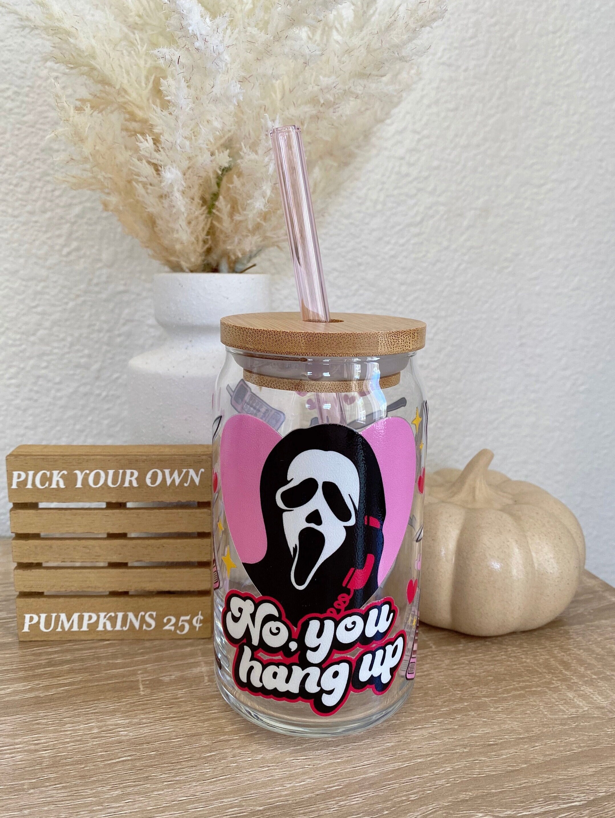 Ghost Face Beer Can Glass, Pink Ghostface Iced Coffee Glass, Halloween Glass Cup, Spooky Coffee Glass, Valentines Day Gift, No You Hang Up