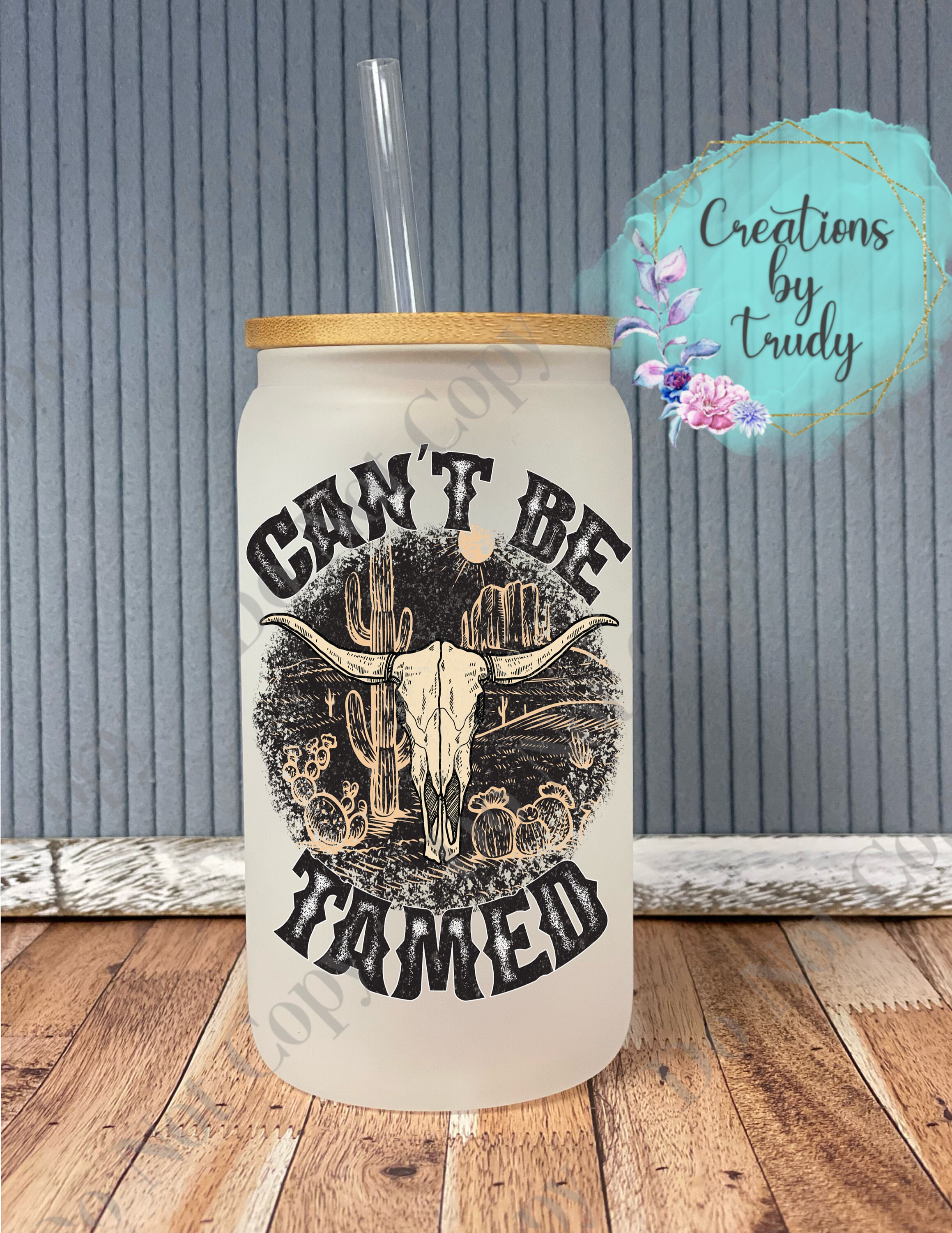 Cant be tamed – frosted can shaped glass with lid and straw