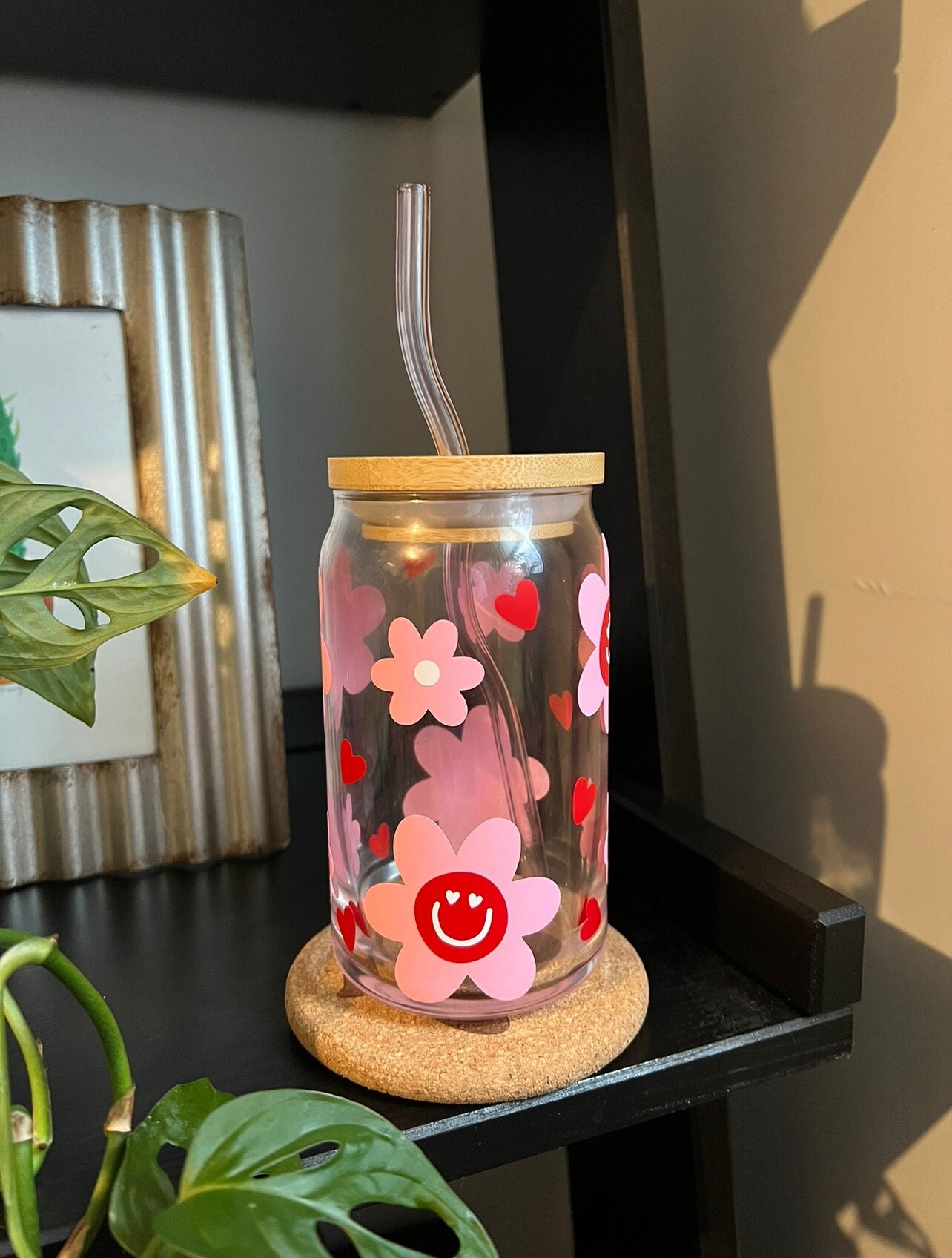 Flower Valentine’s Day Glass Cup | Flower  Cup | Flower Smiley Face Cup | Glass Cup | Coffee Glass | Iced Coffee Glass | Glass Can Cup |