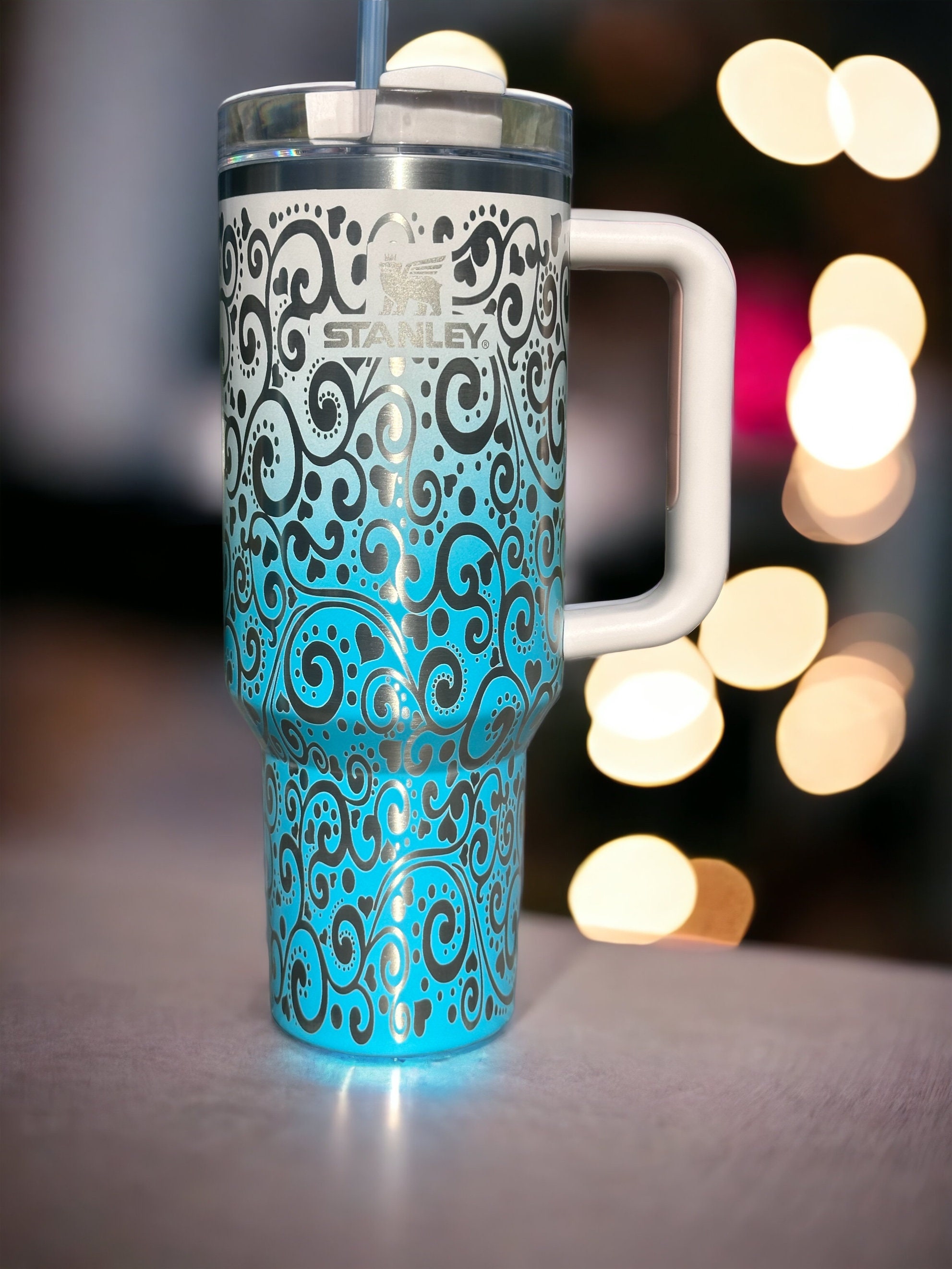 40 oz Tumbler Engraved with Swirls and Hearts