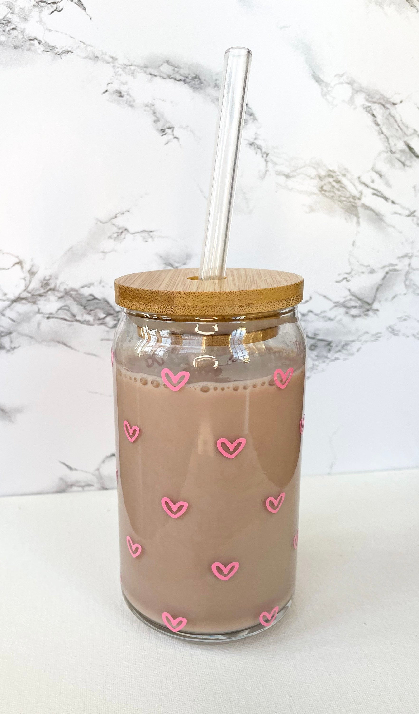 Beer Can Glass Cup- Hearts, Valentine’s Day Coffee Glass, Iced Coffee Cup