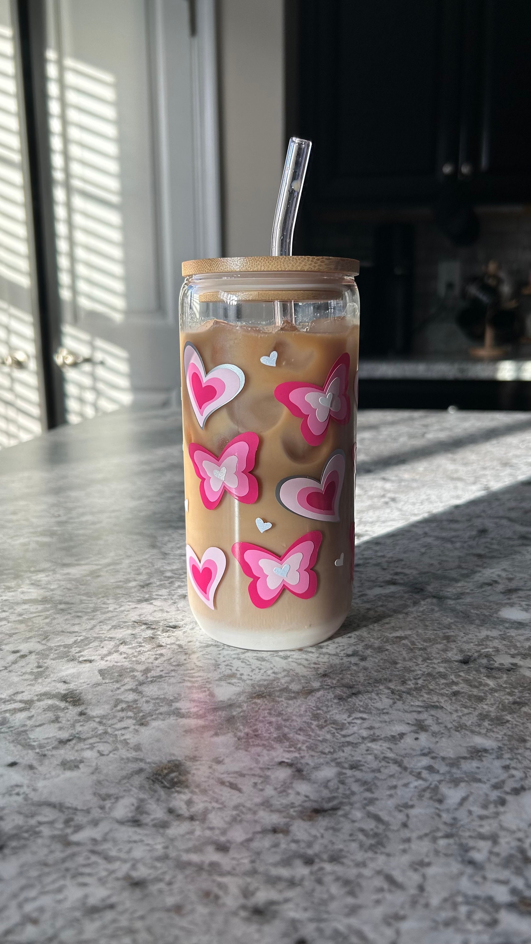 Pink Hearts Cup | Butterfly Hearts Glass | Butterfly Iced Coffee Cup | Y2K Inspired Cup | Iced Coffee Cup | Cute Cup | Heart Cup | Cute Gift