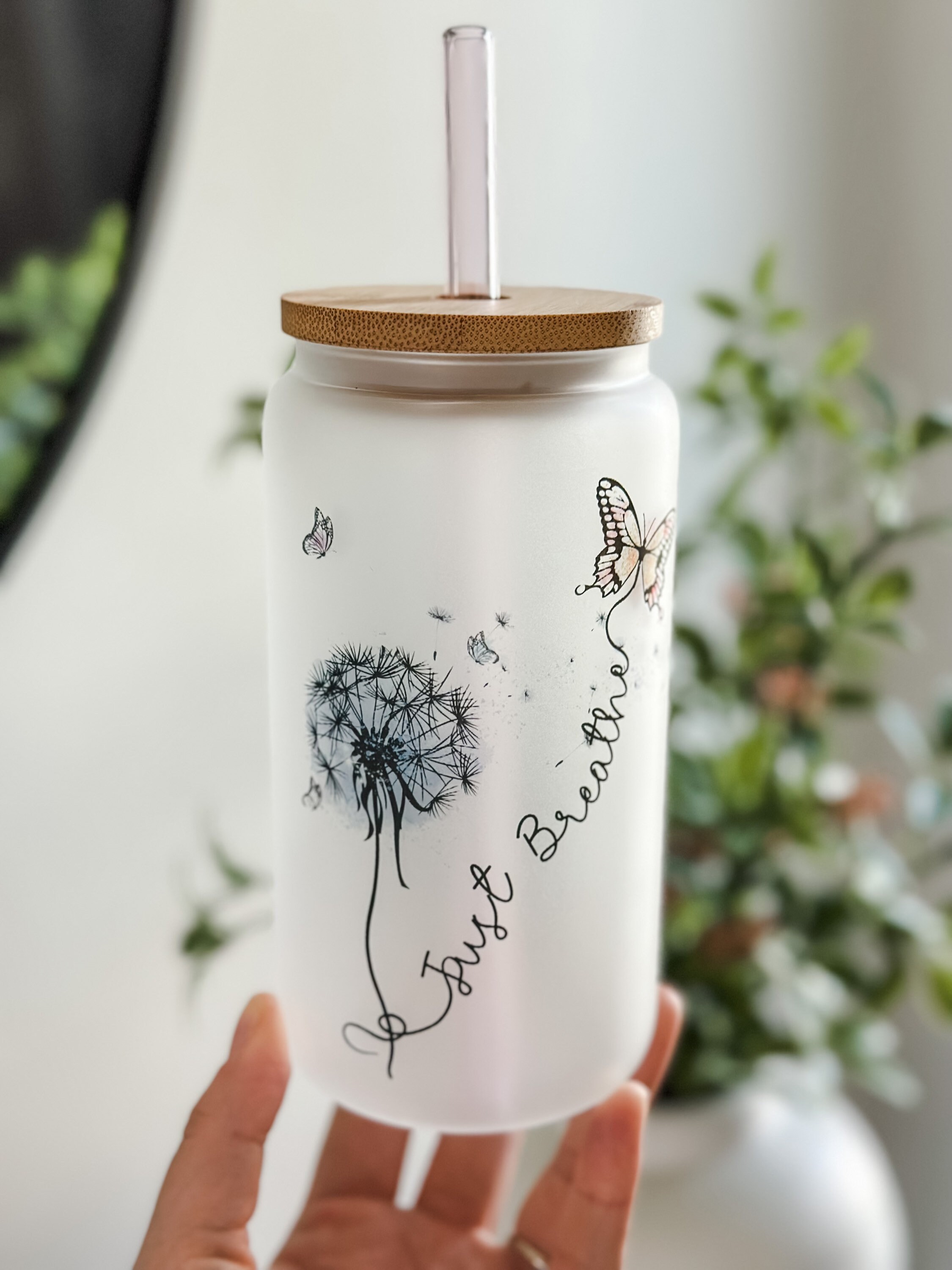 Just Breathe glass Tumbler 16oz Glass tumbler dandelion and Butterfly Modivational Iced coffee Tumbler Uplifting Drinkware for Relaxation