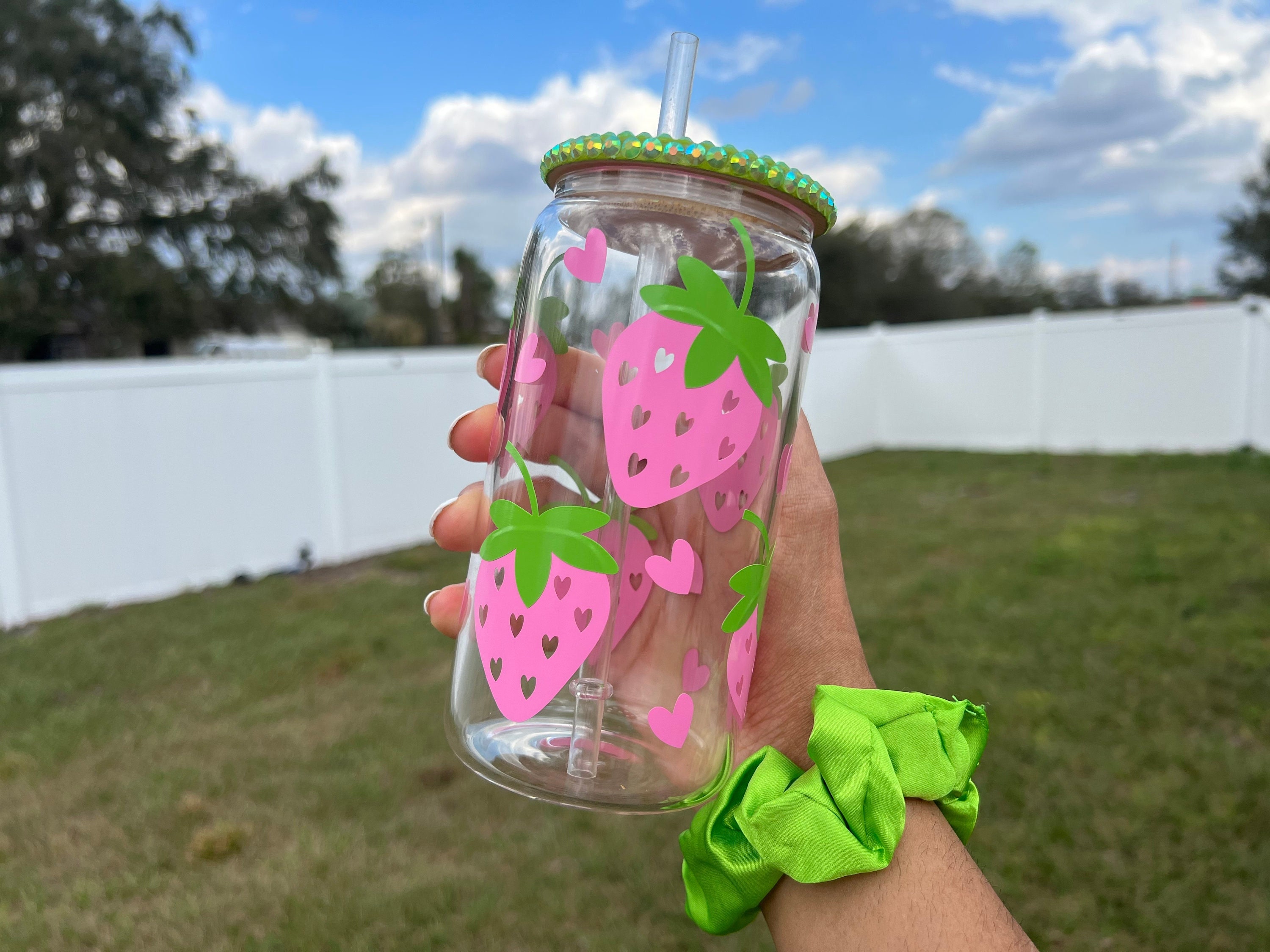 Cute Pink Strawberry 16 Oz Clear Beer Can Glass Cup, Personalized Gifts, Cute Pink Cups, Rhinestone Lids, Cute Cups Gifts, Gift Ideas