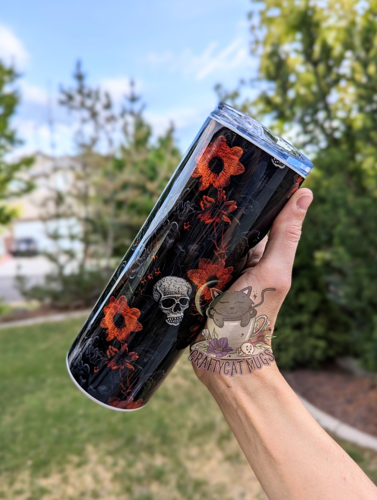 Skull Tumbler Embroidery Style | Spooky Tumbler | Fall Flowers Tumbler