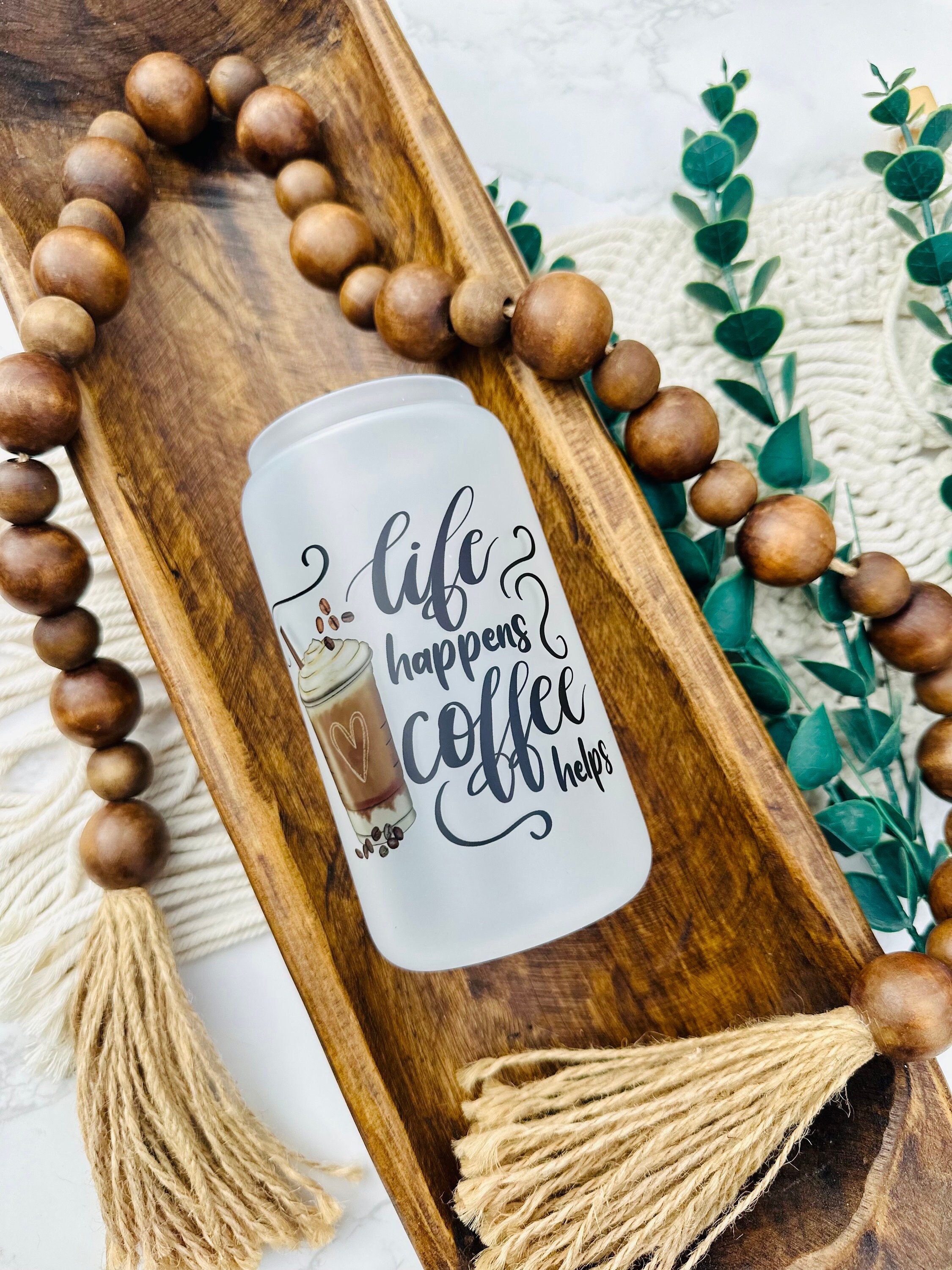 Life Happens Coffee Helps beer can glass, sublimation glass, bamboo lid and glass straw, libbey glass, coffee cup, iced coffee glass