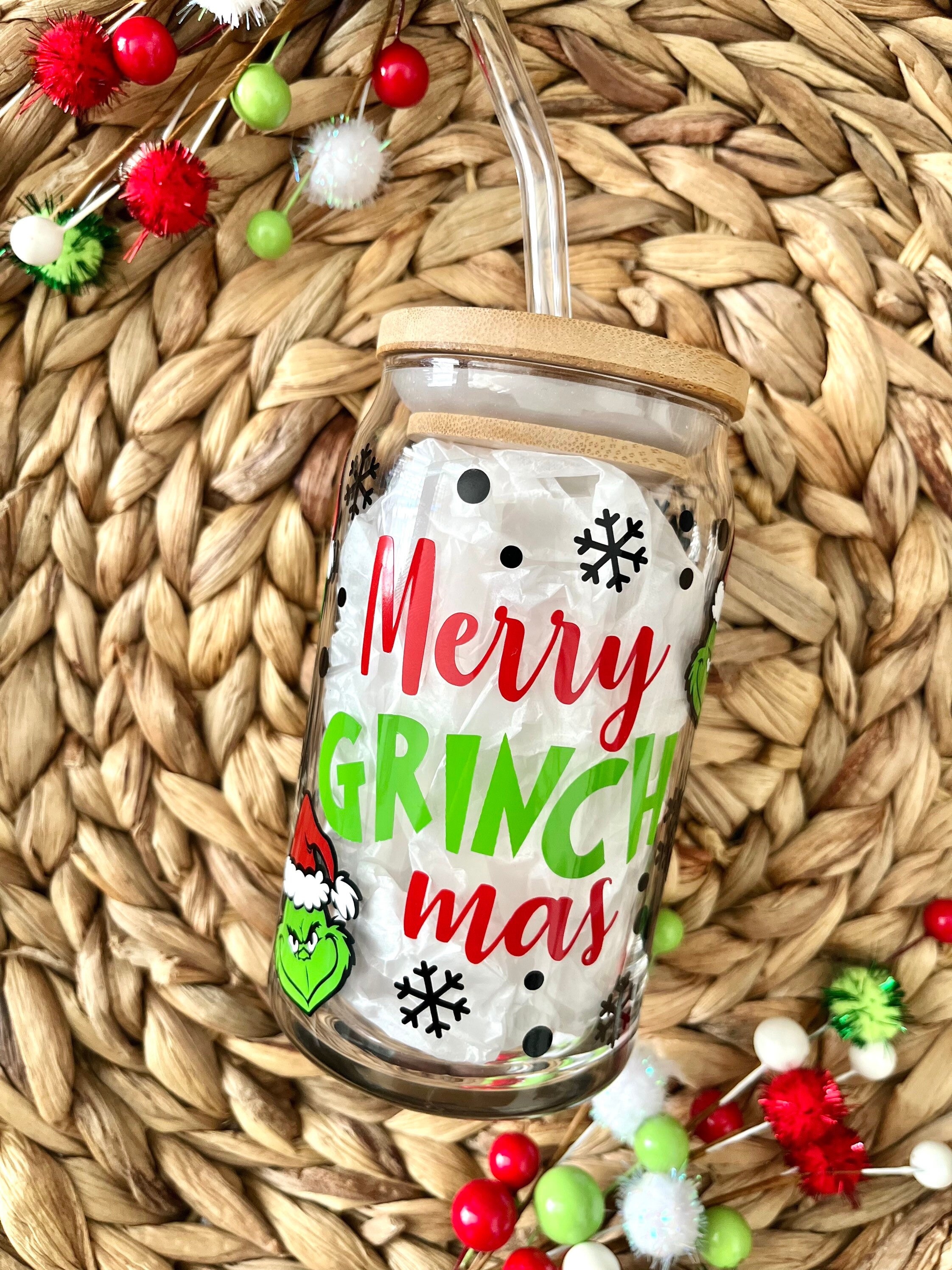 Grinch Glass Cup / Christmas Glass Cup / Iced Coffee Glass / Christmas Gift / The Grinch Cup / Grinch Gifts / Grinch Party Decor