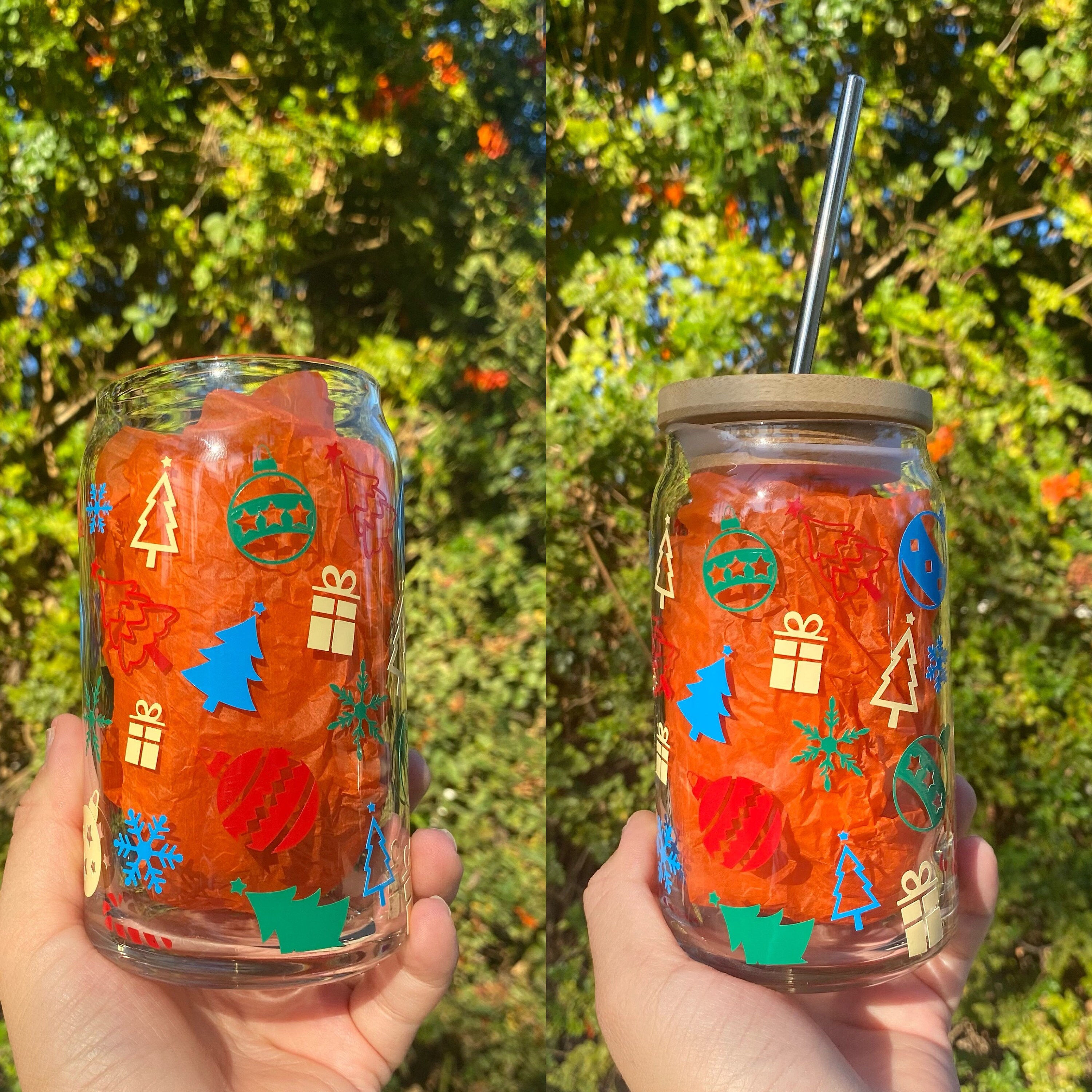 Colorful Holiday, Christmas Beer Glass Can, Christmas Cups, Christmas Glass, Christmas Decorations, Beer Glass Can, Christmas Iced Coffee,