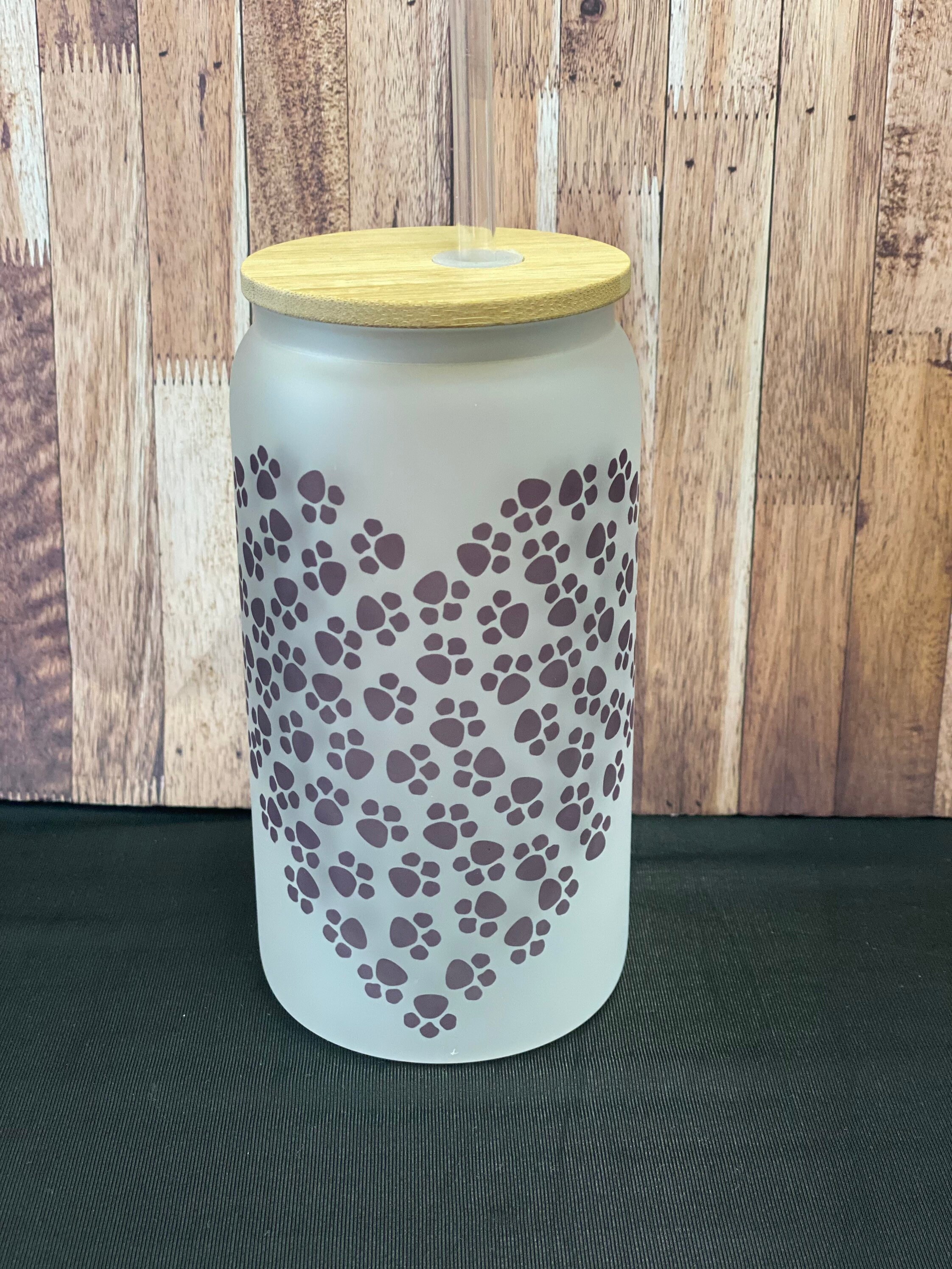 Paw print heart- frosted can shaped glass with lid and straw