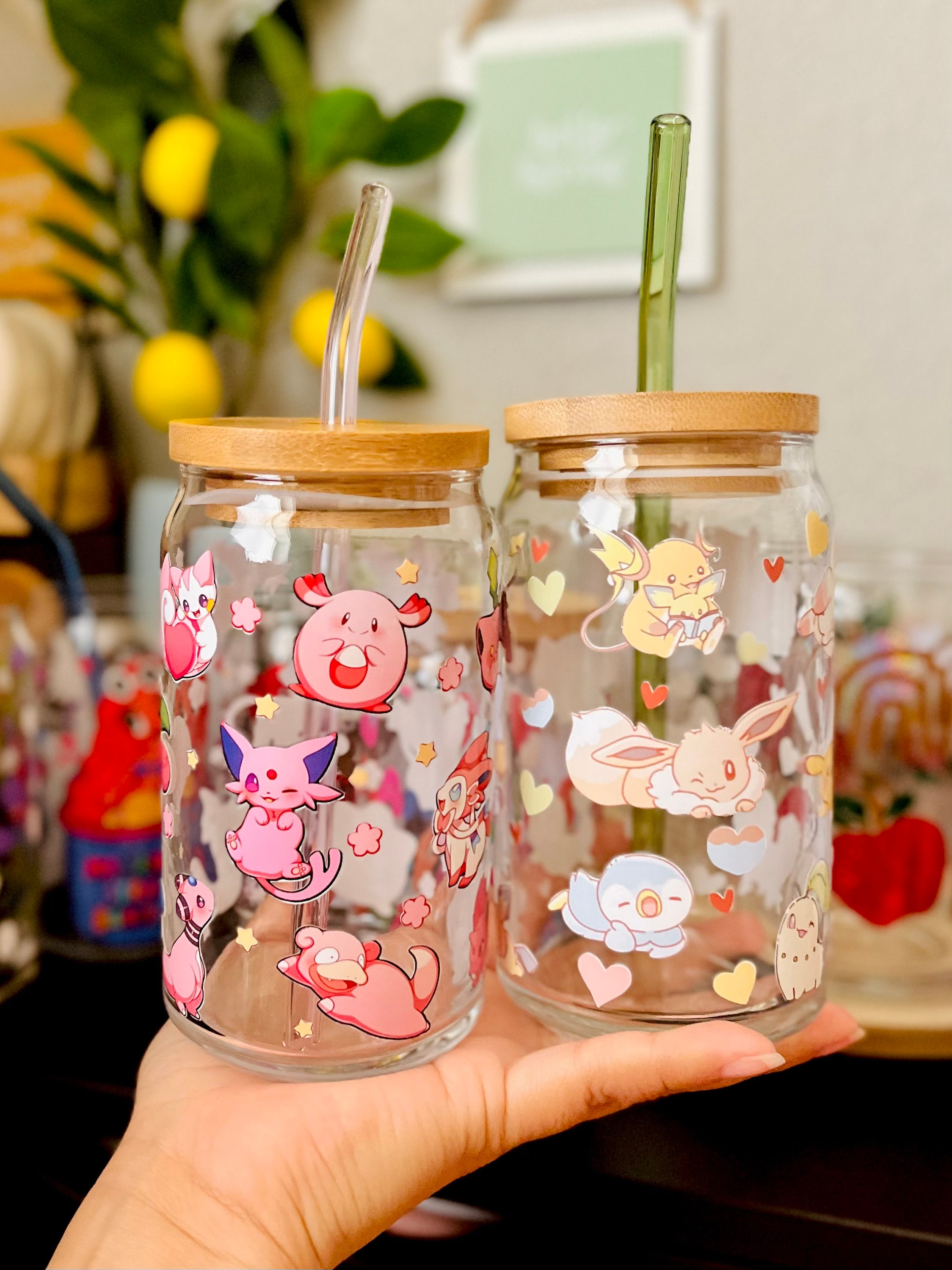 Pocket Monsters 16oz Beer Can Glass | Spring Cup | Iced Coffee | Smoothie | Gift | Mom | Daisies | Eeveelutions | POGO| Eevee Pikachu PKMN