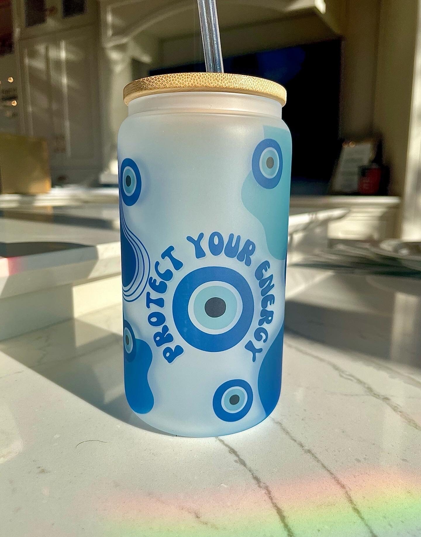 Protect Your Energy | Good Vibes | Evil Eye | 16 oz Glass Can | Iced Coffee | Bamboo Lid | Soda Can Glass | Beer Can Glass | Sublimation |