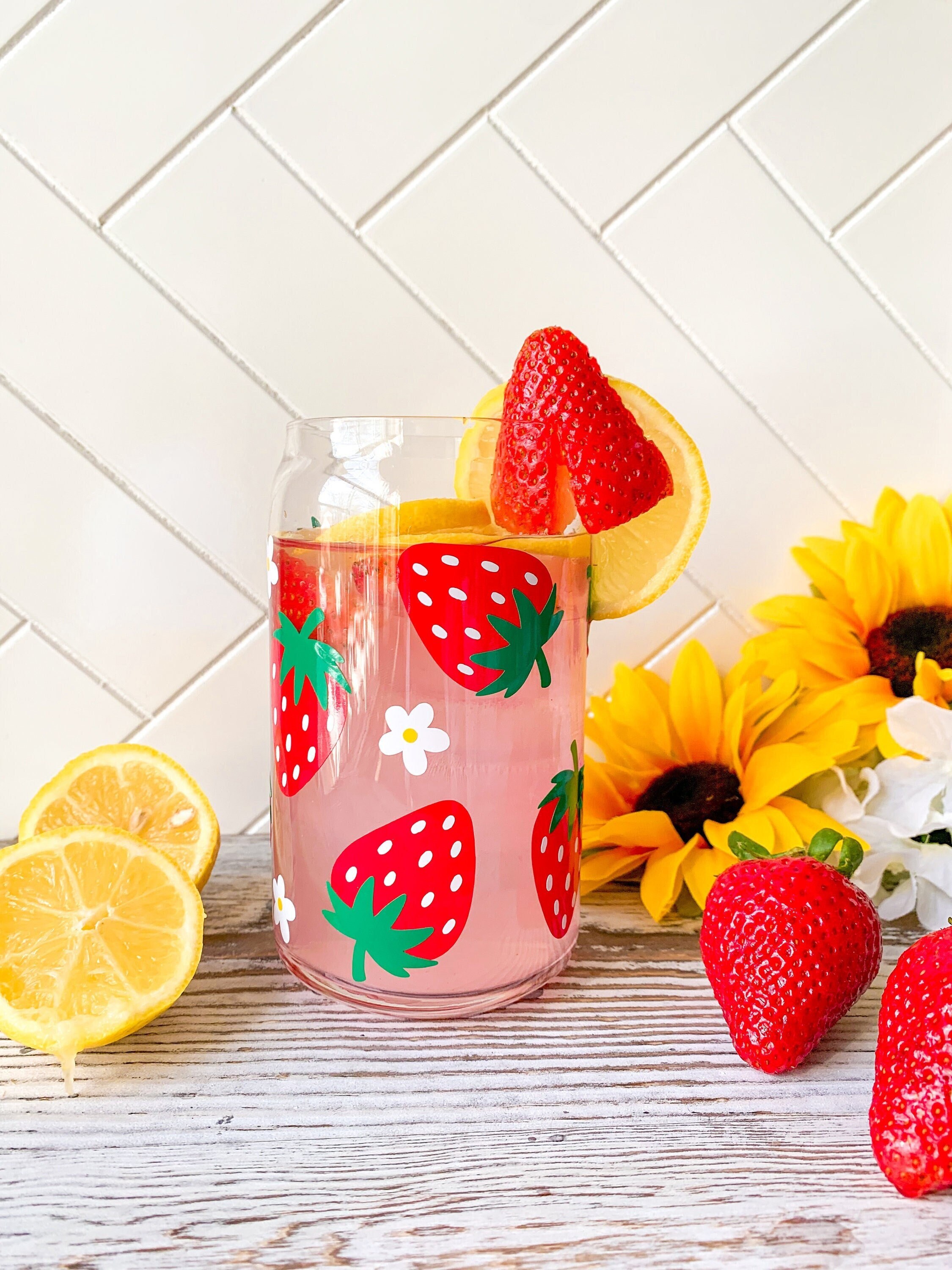 Strawberry Can Glass | Strawberry Glass Cup | Iced Coffee Cup | Iced Coffee Glass | Lemonade Glass | Strawberry Cup | Strawberry Coffee Cup