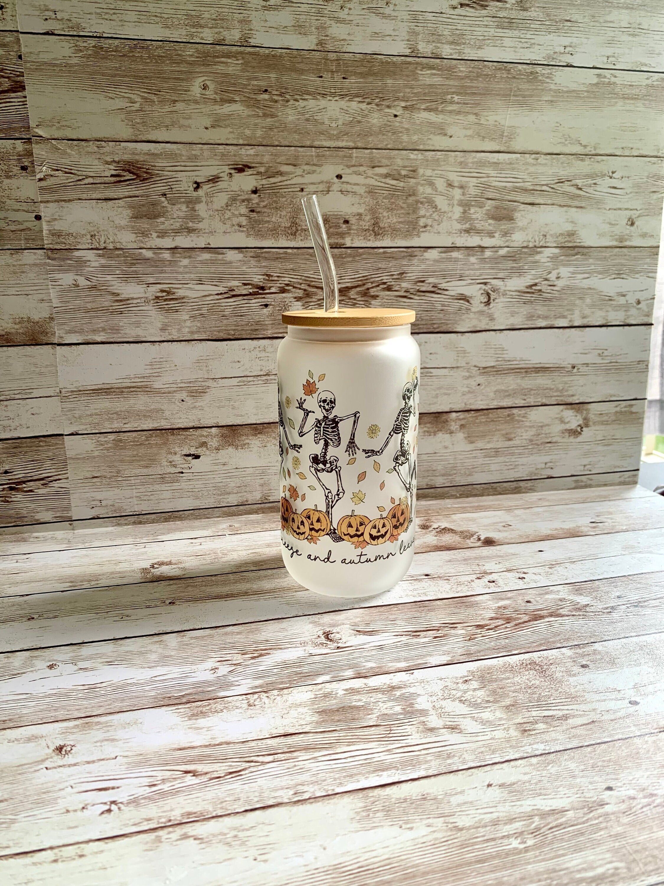 Dancing Halloween Skeletons Beer Can Glass / Fall Breeze Autumn Leaves / Jack O Lantern / Iced Coffee Glass / Gift for Her / Halloween Lover