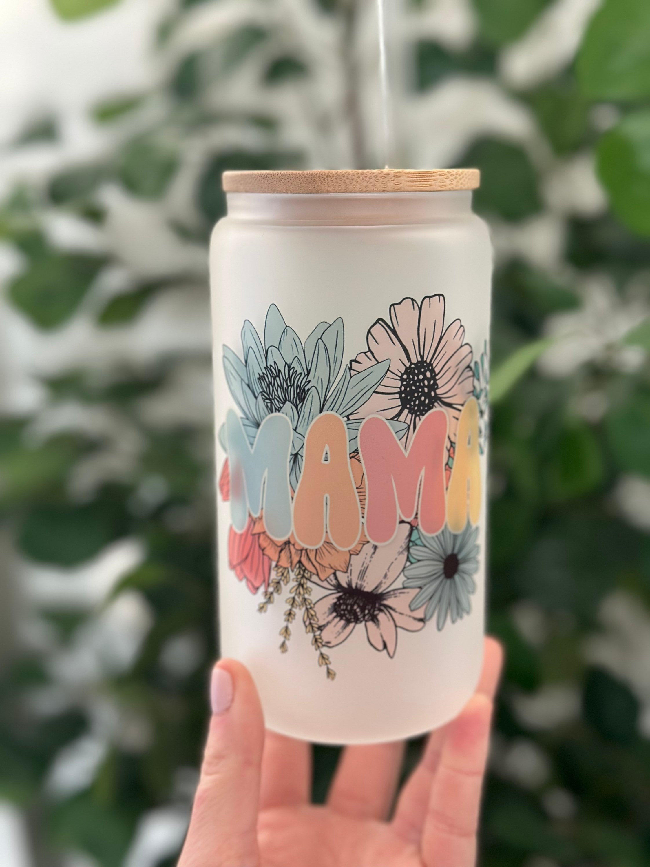 Mom floral Glass cup,Retro floral,Mothers day gift, 16oz Glass tumbler,Custom Mom gift, Mama gift