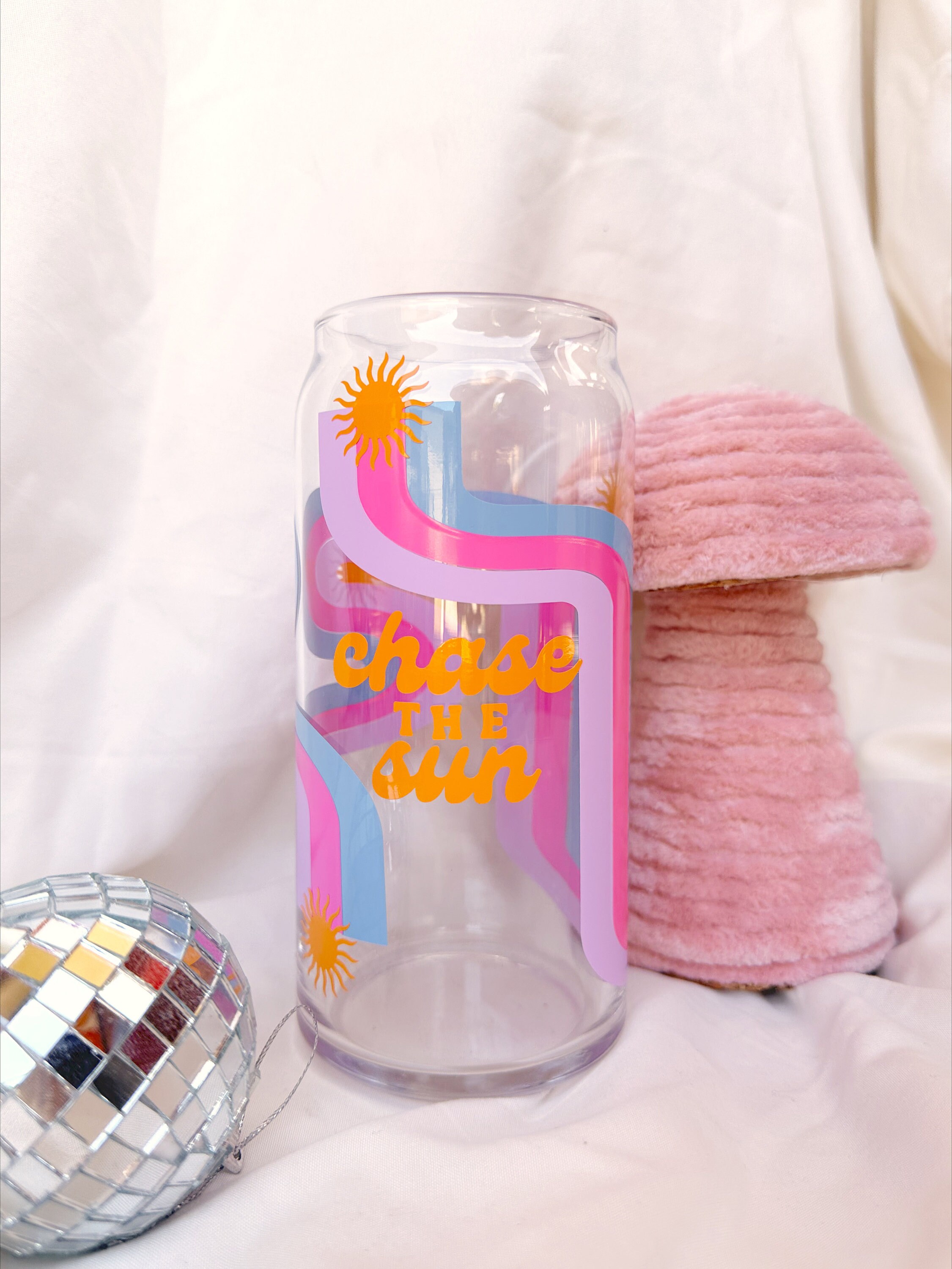 Chase The Sun Glass Cup, Trendy Glass Cup, Summer Glass Cup, Retro Wave Glass Cup