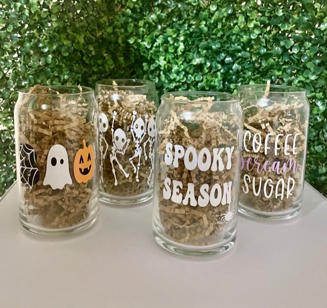 spooky season glass, halloween glass, boo, beer can glass