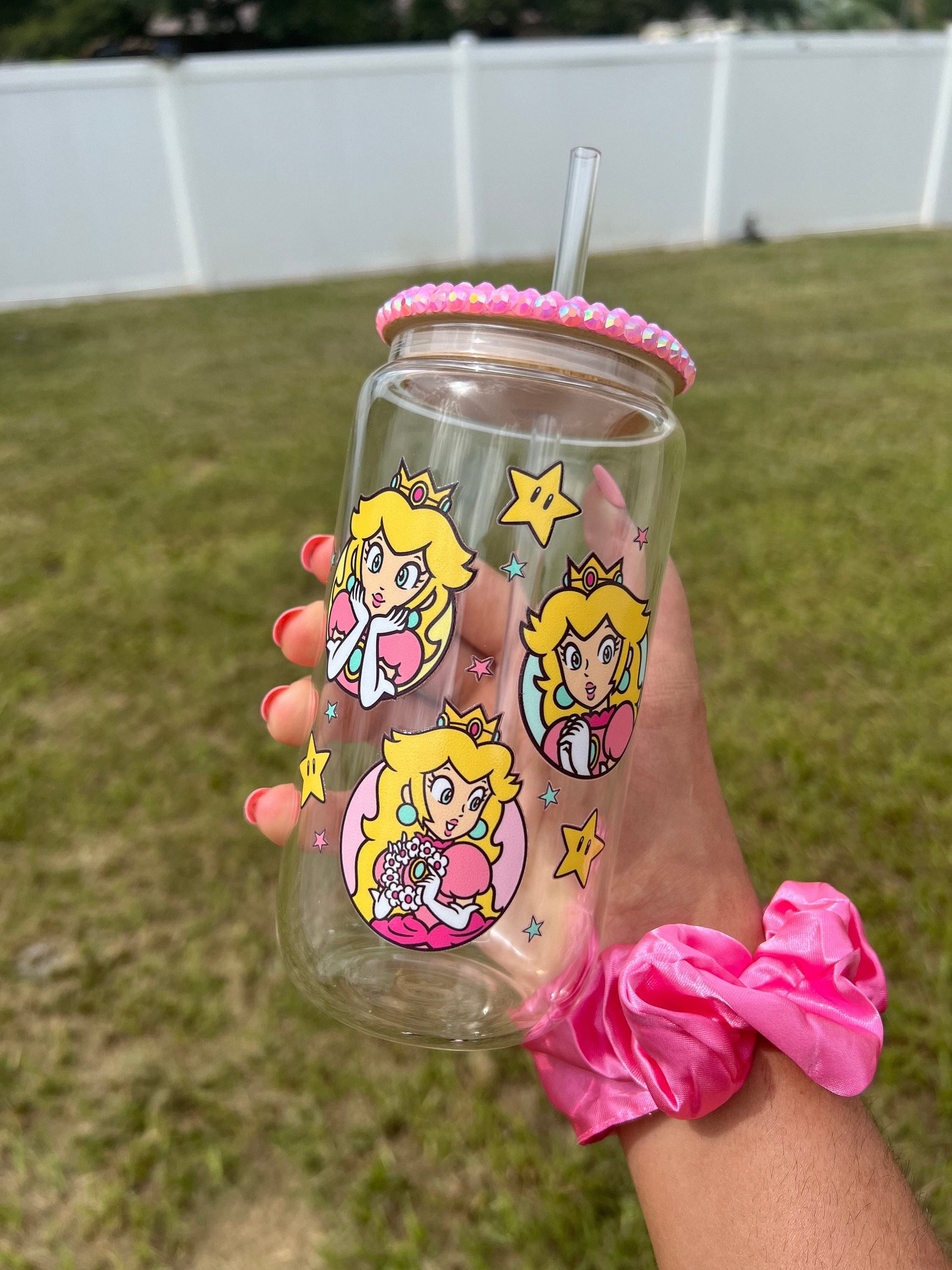 Peach 16 Fl Oz Pink Clear Beer Can Glass Cup, Personalized Glass Cups, Gaming Cups, Gamer Girl Cups, Princess Cups, Gifts for Her, Custom