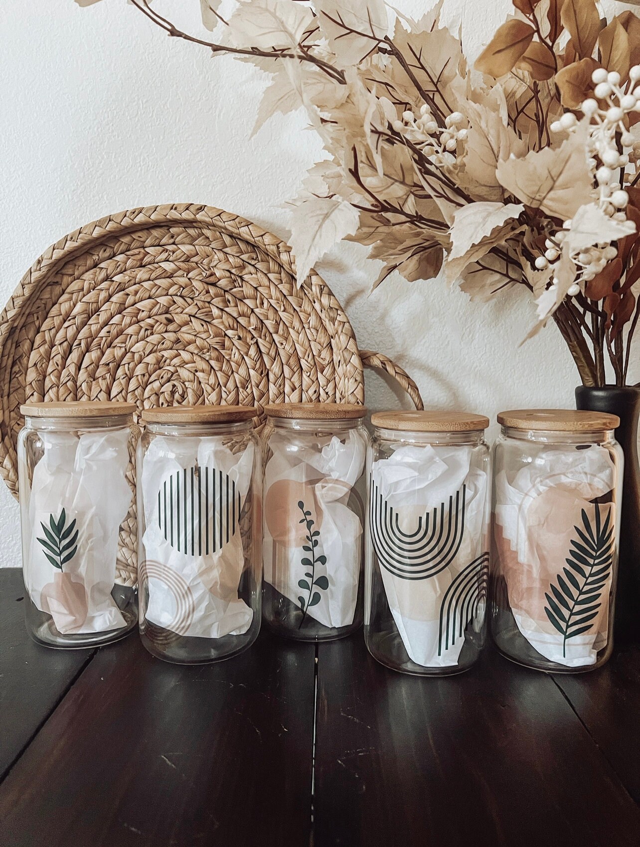 Boho Collection, Boho Iced Coffee Cups, Glass Can Cups For Iced Coffee, Neutral Glass, Glass Cup With Lid and Straw,