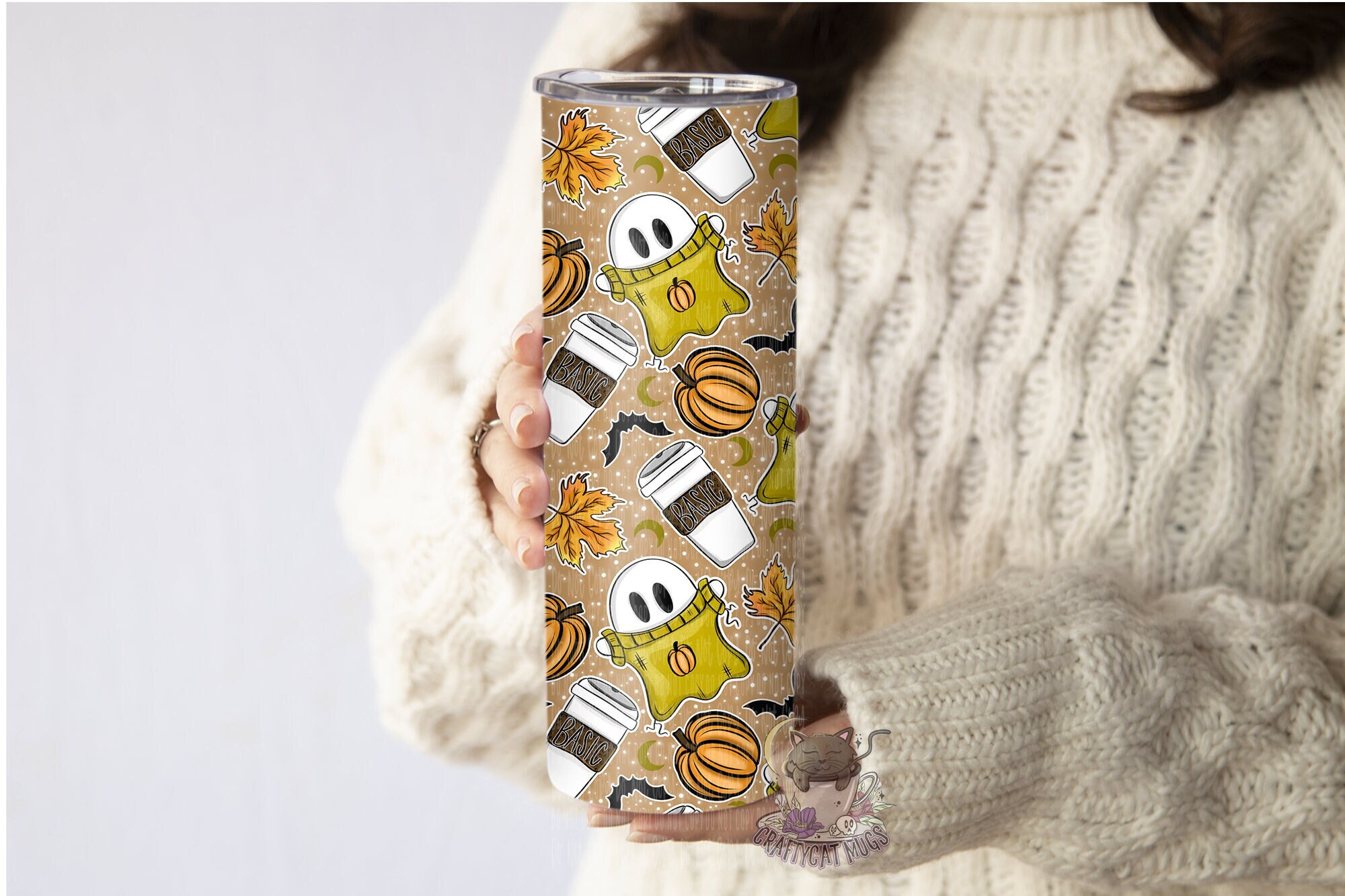 Fall Spooky Ghost Sweater Tumbler | Cottagecore Travel Mug | Fall Halloween Tumbler