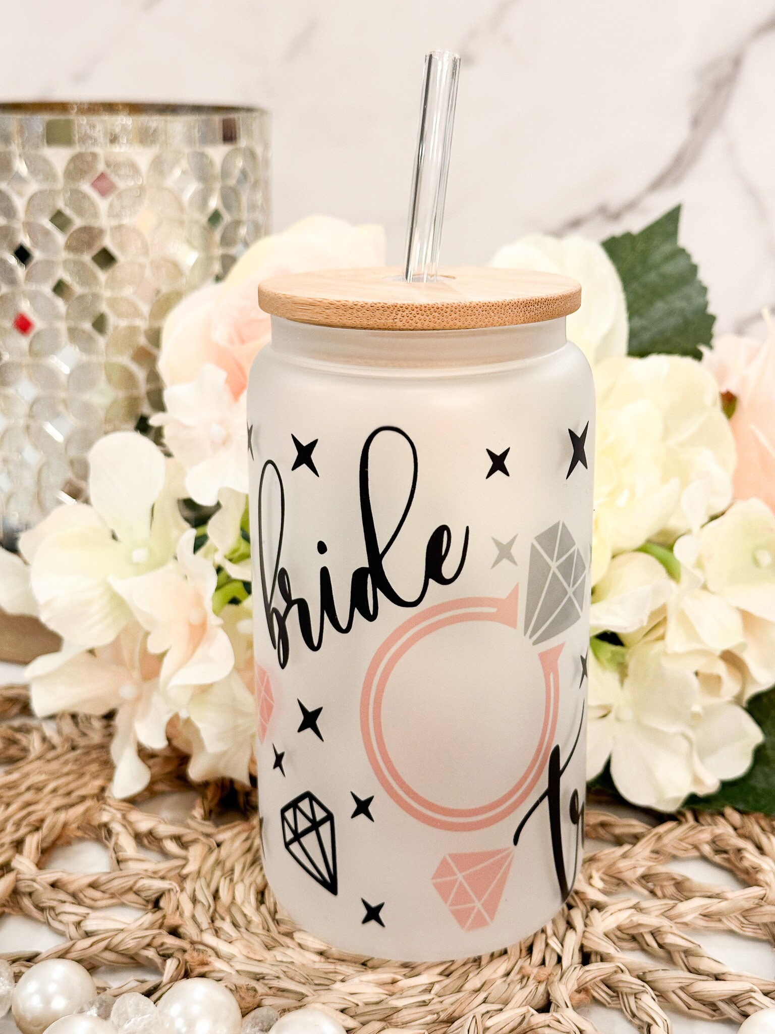 Bride Tribe Party Glasses, Personalized Bridesmaid Gift, Iced Coffee Cup, 16 oz Frosted Glass w/ Lid & Straw, Bridesmaid Proposal Gift