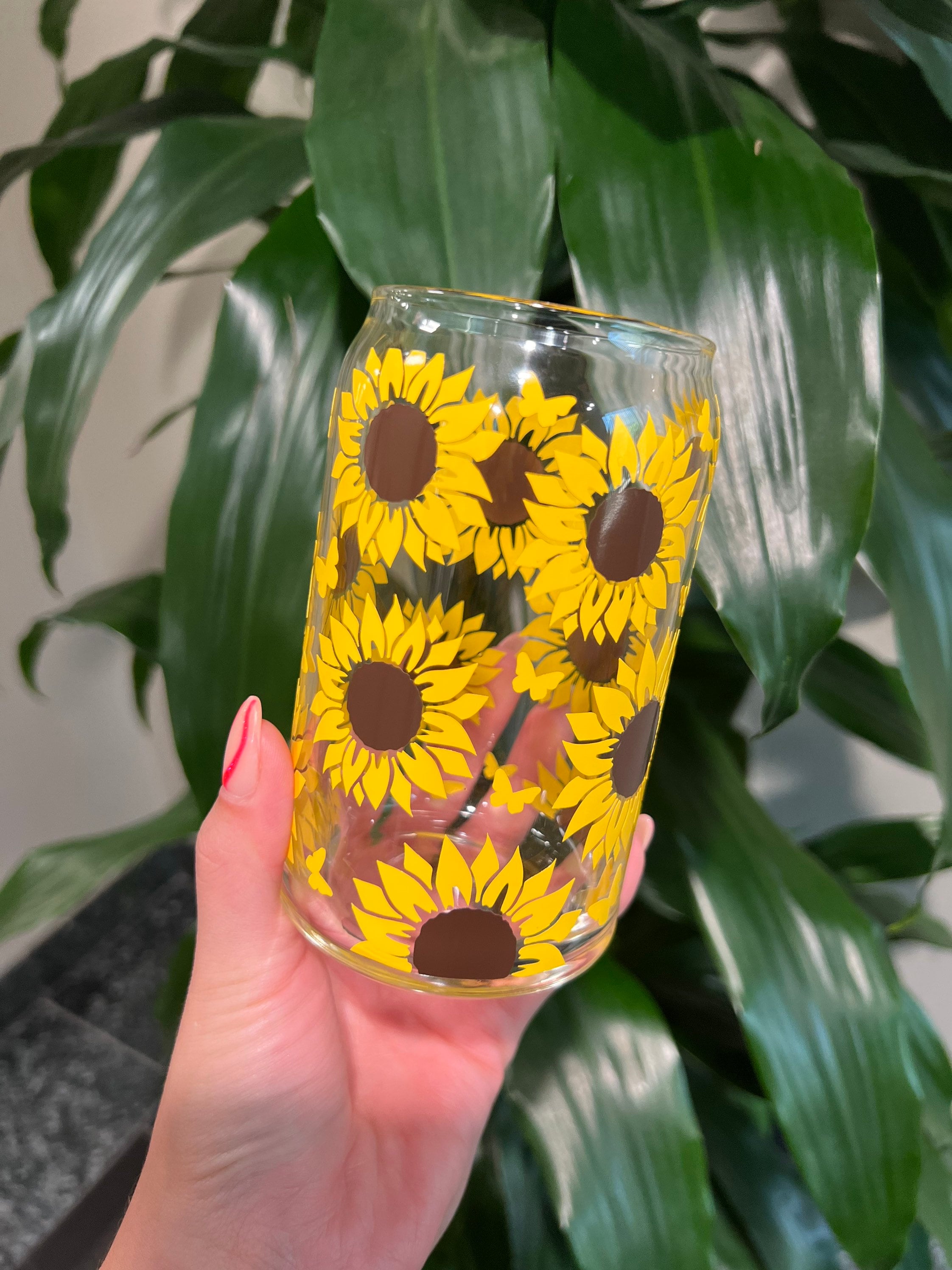 Sunflower Beer Can Glass | Iced Coffee Cup | Bamboo Lid and Straw | Sunflower Butterfly Cup | Libbey Glass