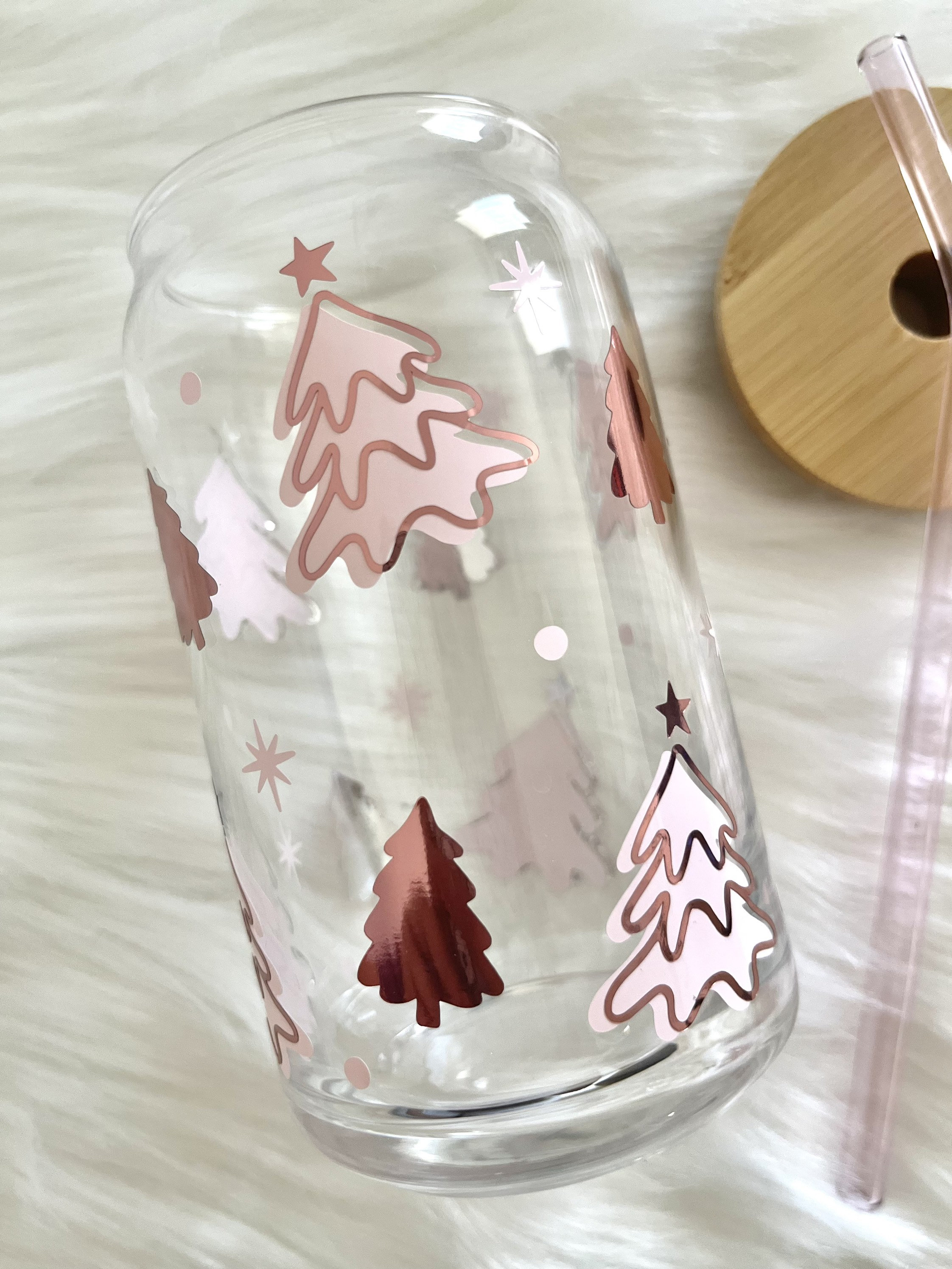 Christmas Tree Glass Cup / Pink Christmas Cup / Christmas Glass Cup / Iced Coffee Glass / Christmas Cup / Christmas Gift / Winter Wonderland