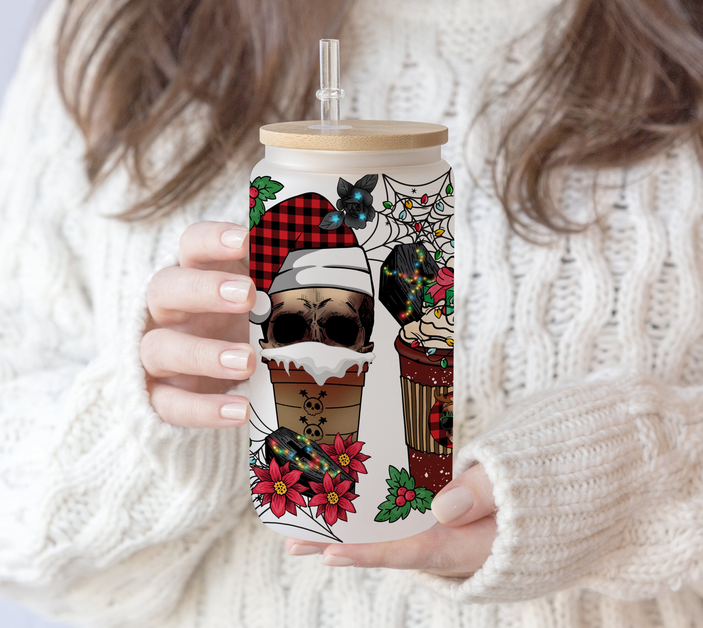 16 oz Libbey Beer Glass Can Hand drawn Hallothanksmas Coffee Skull Santa Scary movies latte iced Coffee warm cozy Christmas New Year png