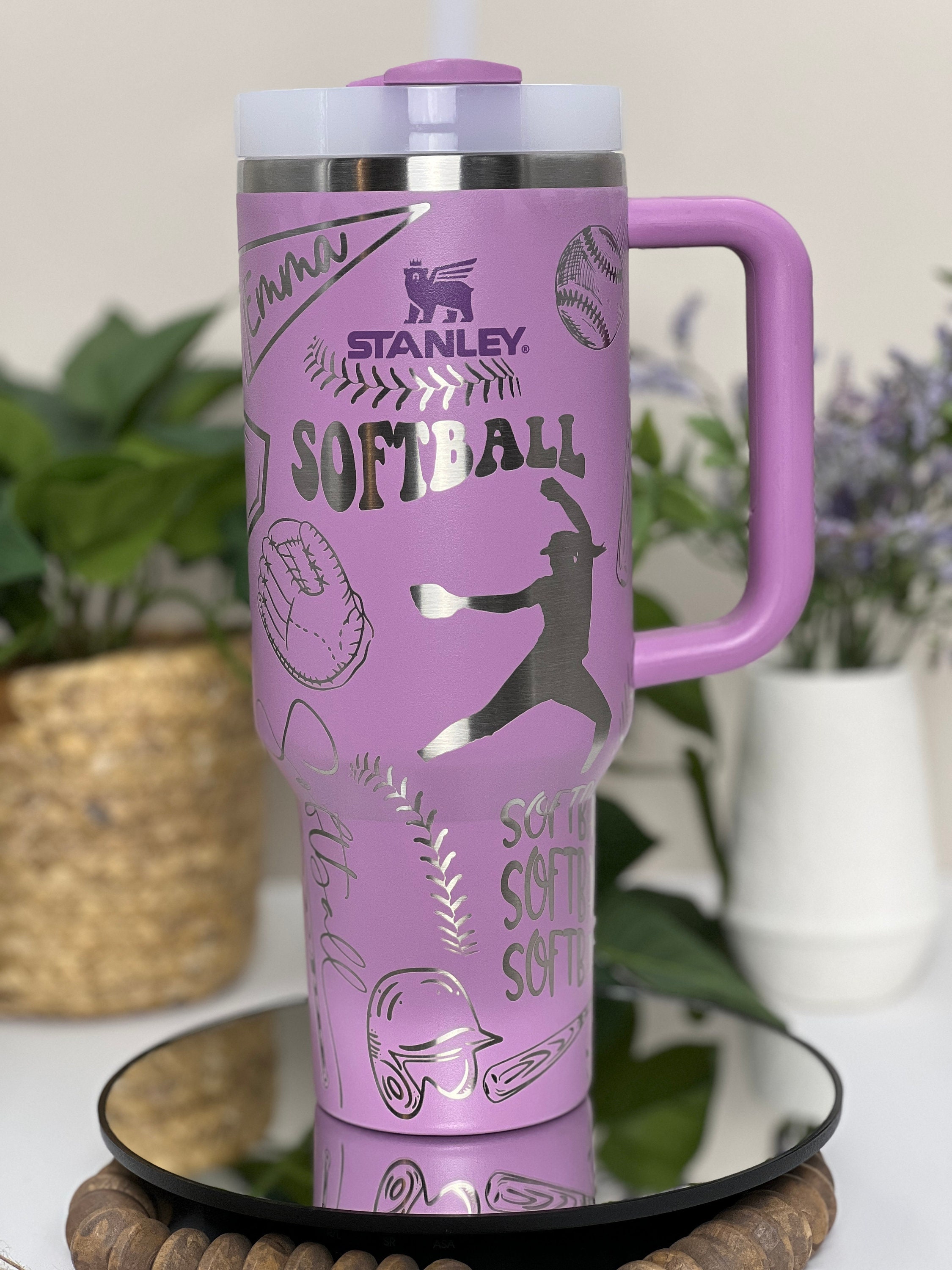 Softball Player Sports Laser Engraved 40oz Tumbler with Handle Lid and Straw, Custom Engraved Seamless Tumbler, Double Wall Insulated Cup