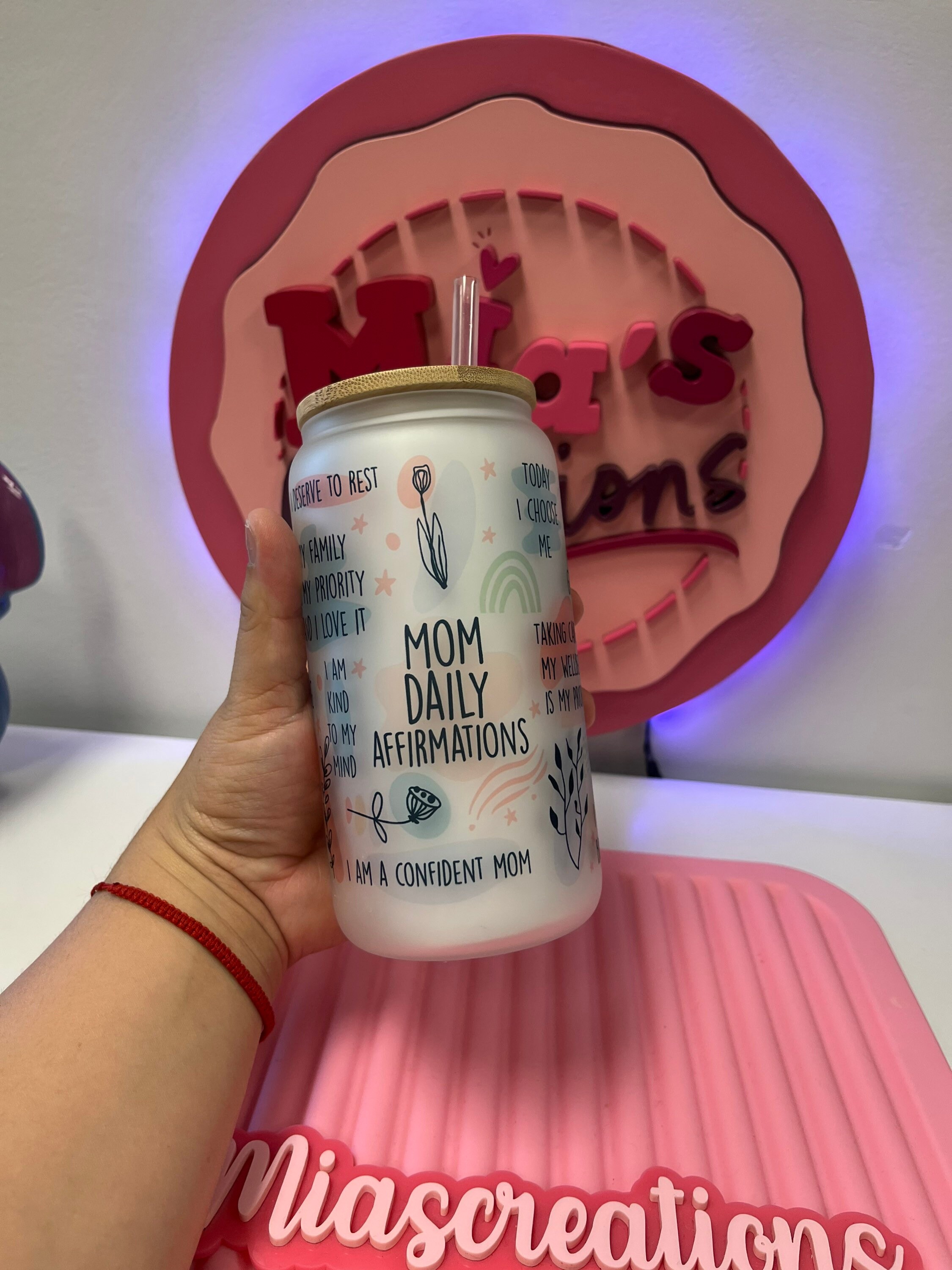 Mom daily affirmations frosted glass can, custom glass can, mom affirmations glass can