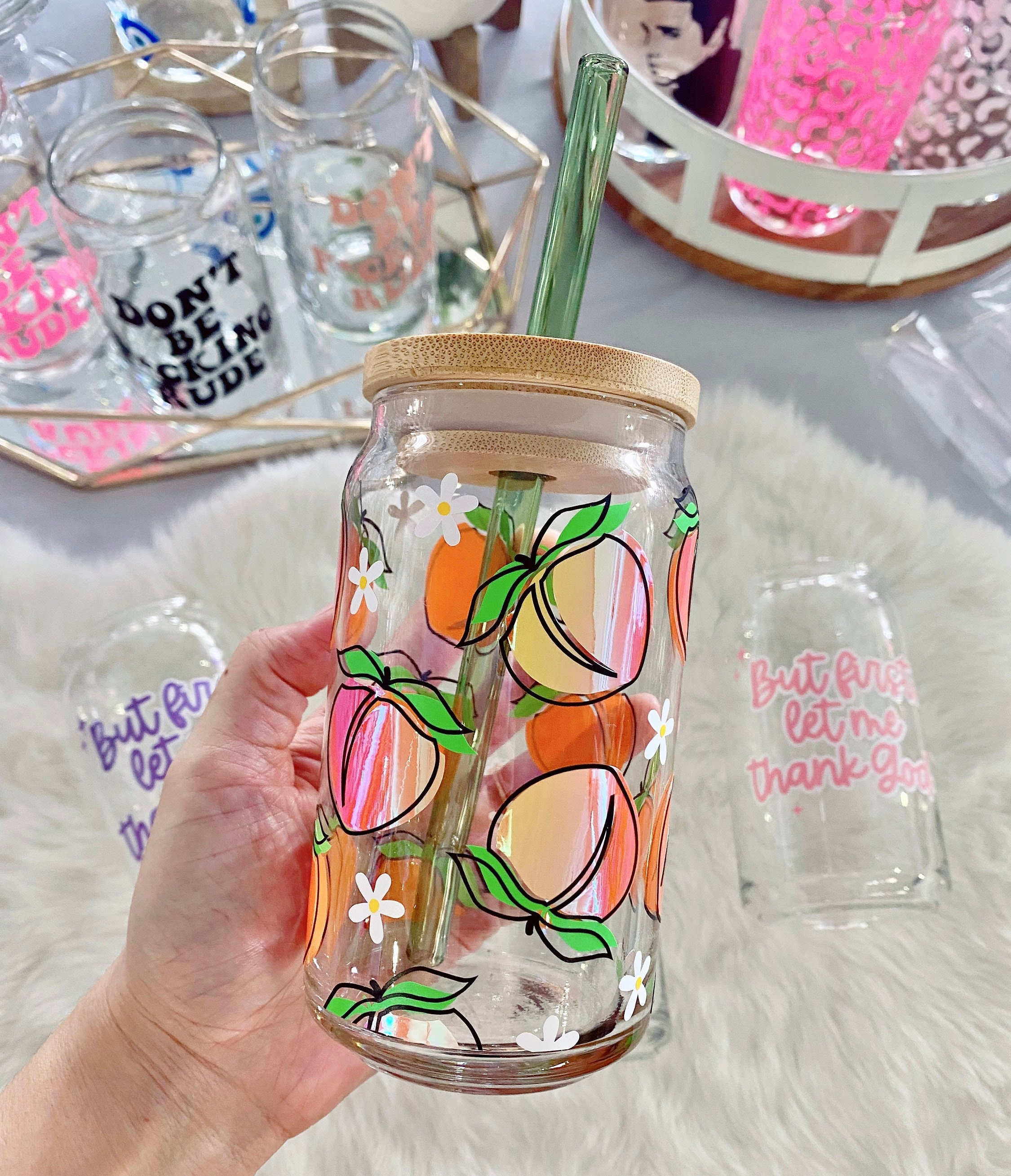 Peach Beer Can Glass, Peaches Glass Can, Iced Coffee Glass, Peaches Daisies Glass Cup, Holographic Peaches, 16oz 20oz Glass, Just Peachy Cup