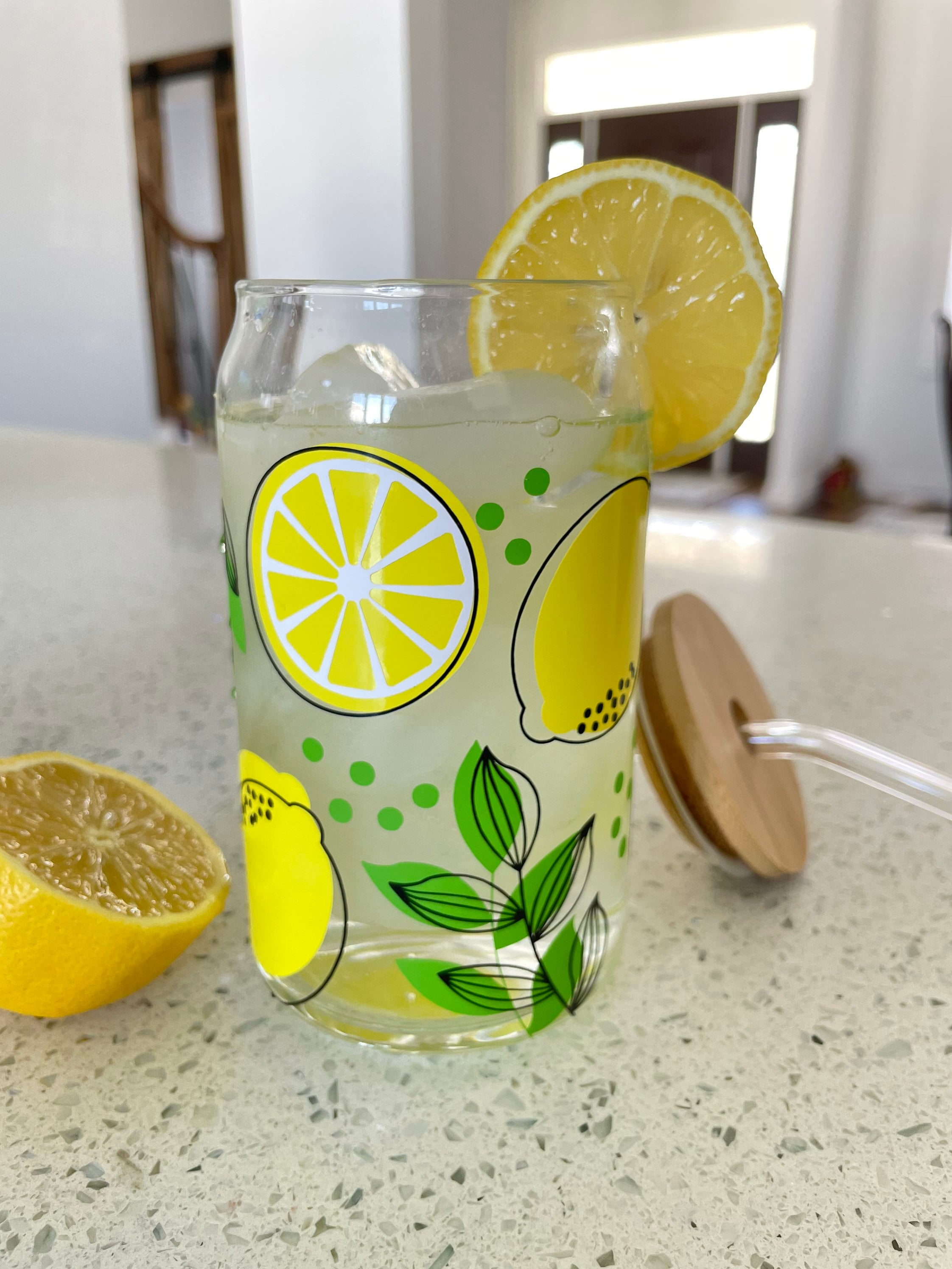 Lemons glass cup, Lemon and mint leaves, Boho lemon beer glass cup, iced coffee glass cup, soda beer can abstract lemon cup