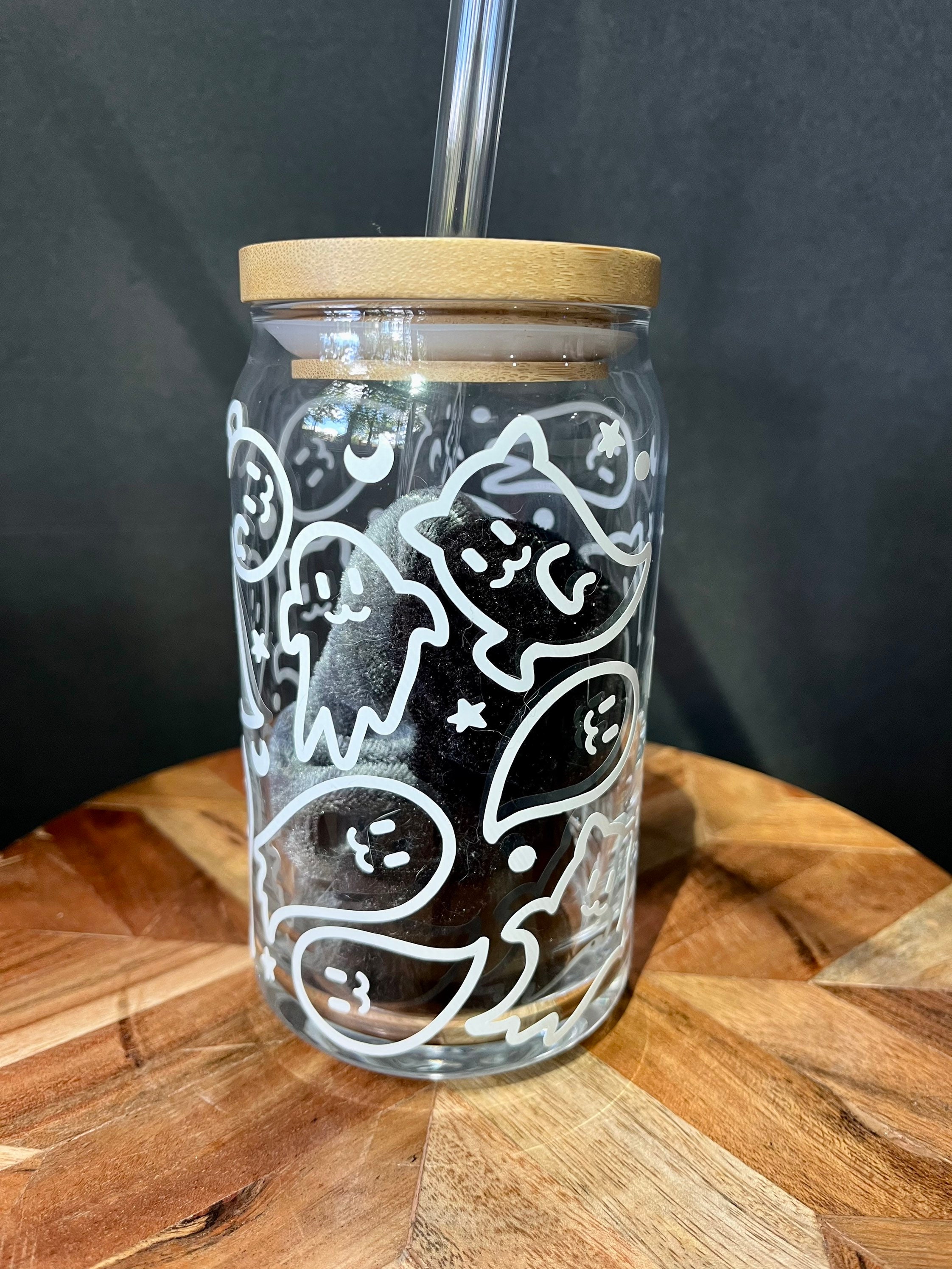 Cat ghost Glass cup | cat glass | iced coffee glass | glass with lid |  Halloween can glass | gifts for her | cat lover