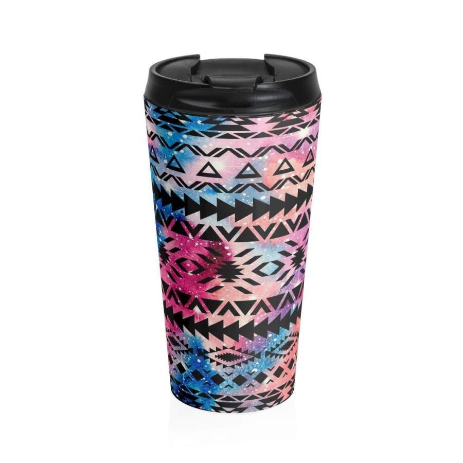 Stainless Steel Travel Mug, Galaxy Boho Bohemian Hippie Travel Mug, Watercolor Tribal Print Cup, 15 Ounce Tumbler, 15oz Coffee Tea Drinkware