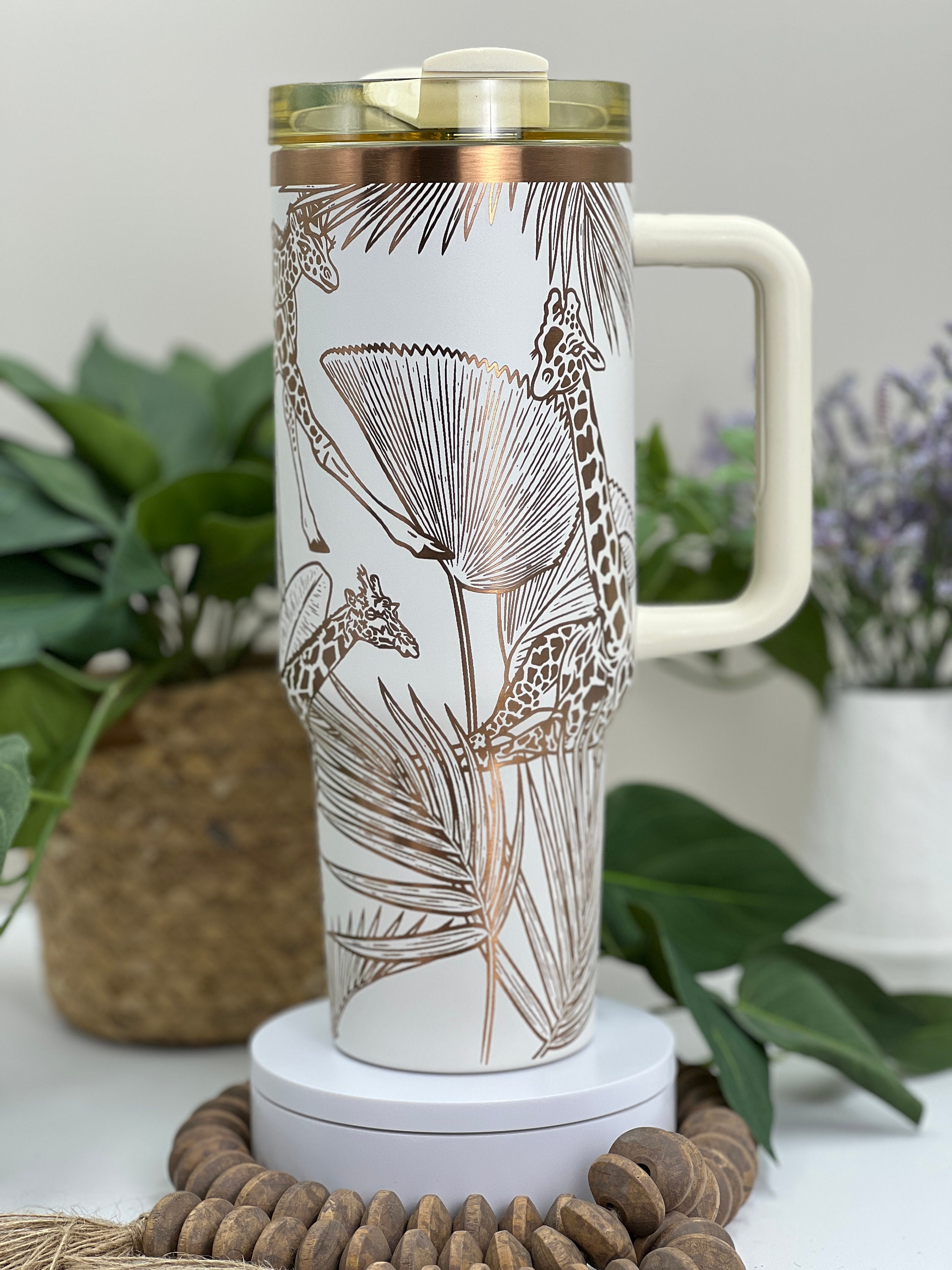 Giraffes Laser Engraved 40oz Tumbler with Handle Lid and Straw, Custom Engraved Seamless Tumbler, Double Wall Insulated Cup