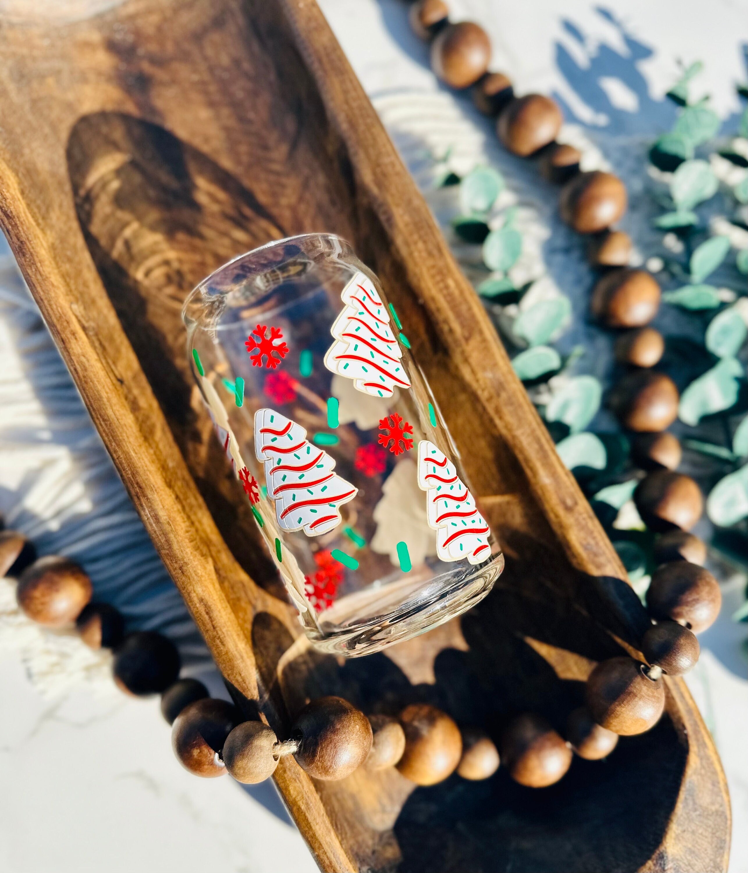 Christmas tree sprinkle snack beer can glass, christmas glass, personalized gift Christmas gift iced coffee cup bamboo lid and glass straw