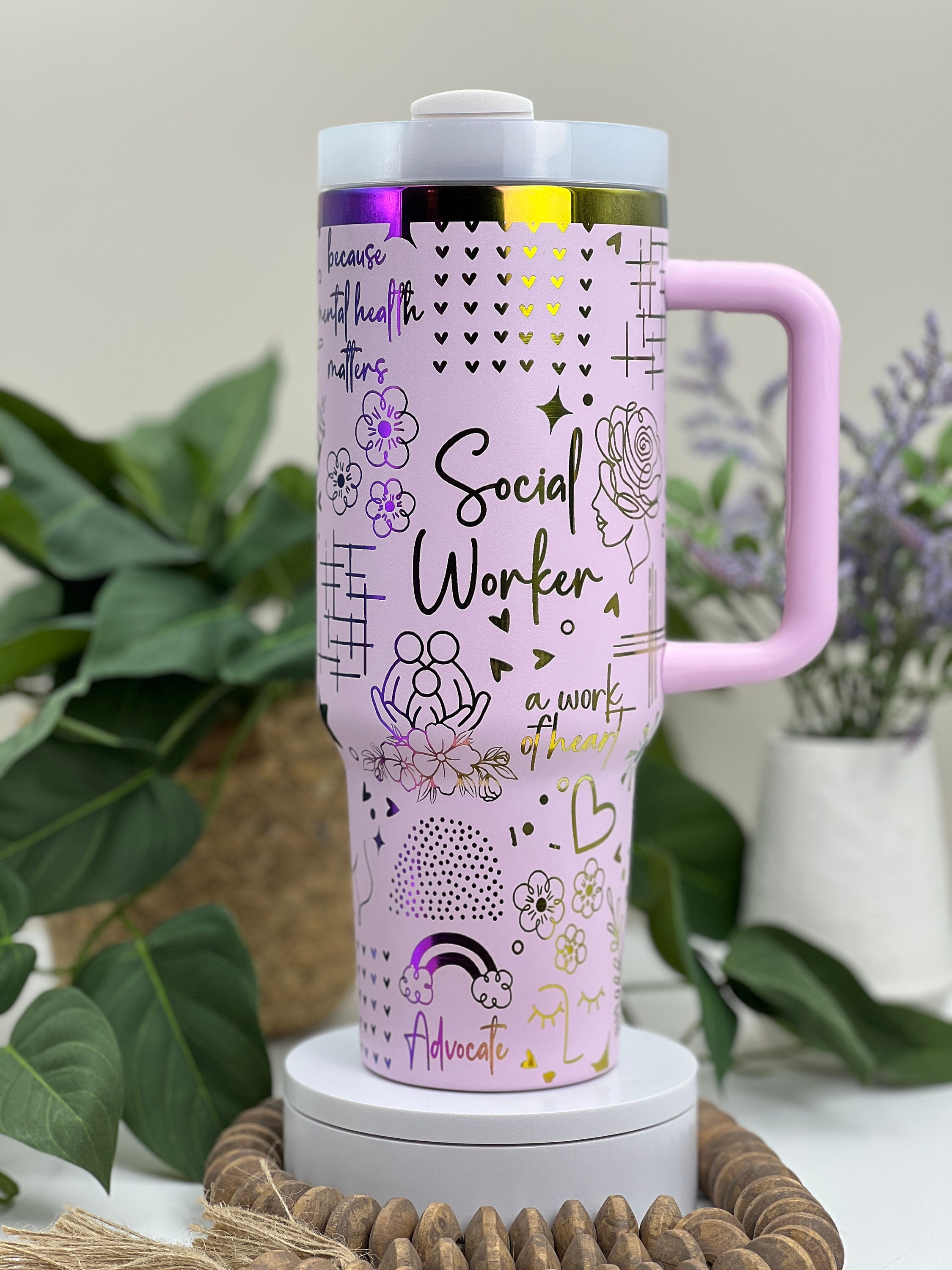 Social Worker Laser Engraved 40oz Tumbler with Handle Lid and Straw, Custom Engraved Seamless Tumbler, Double Wall Insulated Cup