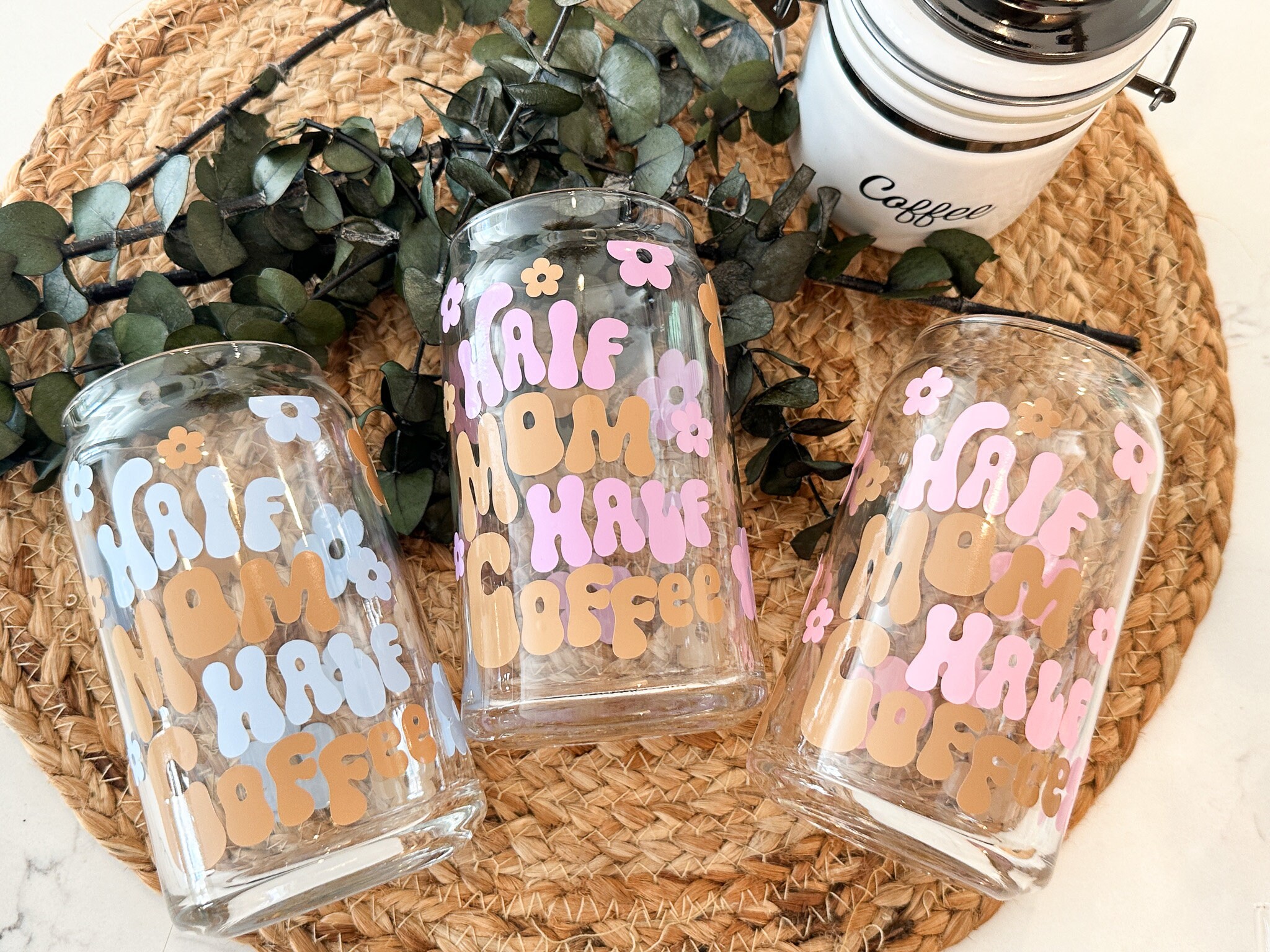 Half Mom Half Coffee Glass Coffee Cup, Ice Coffee Drink, 16 oz Glass w/ Lid & Straw, Aesthetic Can Glass, New Mom Gift, Girl Mama, Boy Mama