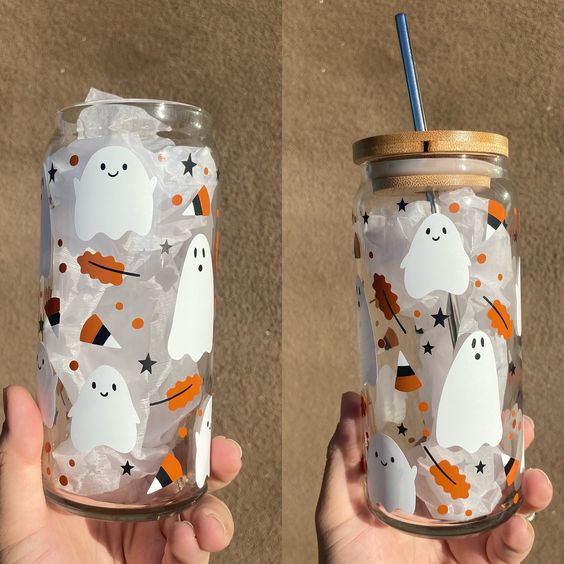 Ghosts Candy Corn, Halloween Cups, Halloween Ghosts, Halloween Decorations, Beer Glass Cans, Halloween Beer Glass, Halloween Glass Tumbler