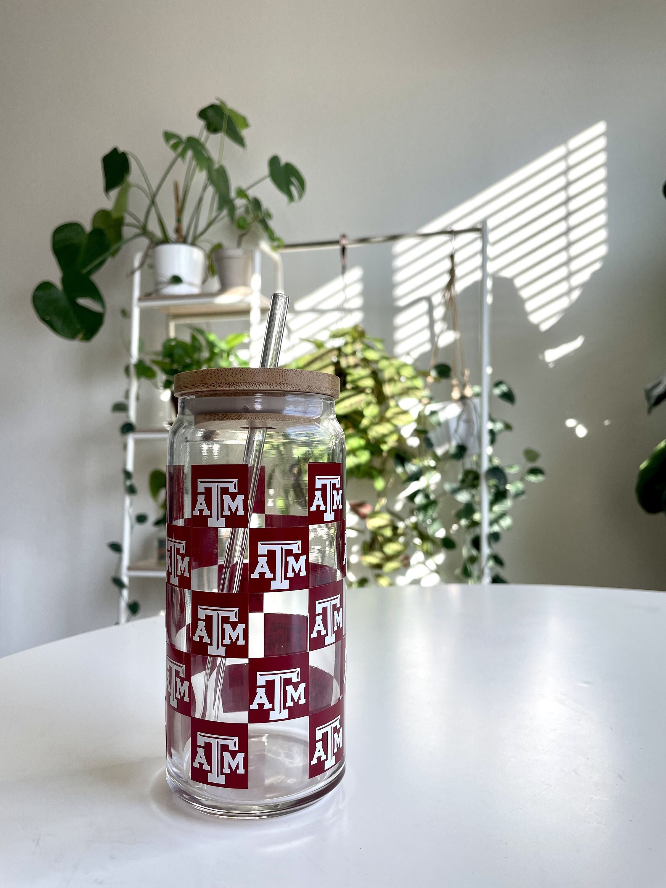 Texas A & M University Cup, Iced Coffee Cup, Gift for Texas Grad, Checker Glass Cup, Gifts for Her, Gift for Him, Alumni Cup, College Logo