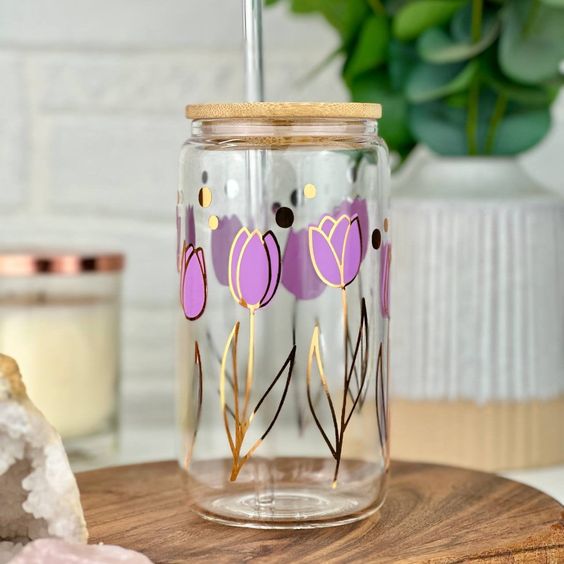 Personalized Tulips Can Glass, Can Glass Cup, Ice Coffee Glass, Lid & Straw, Trendy Cup,floral Glass Can Cup