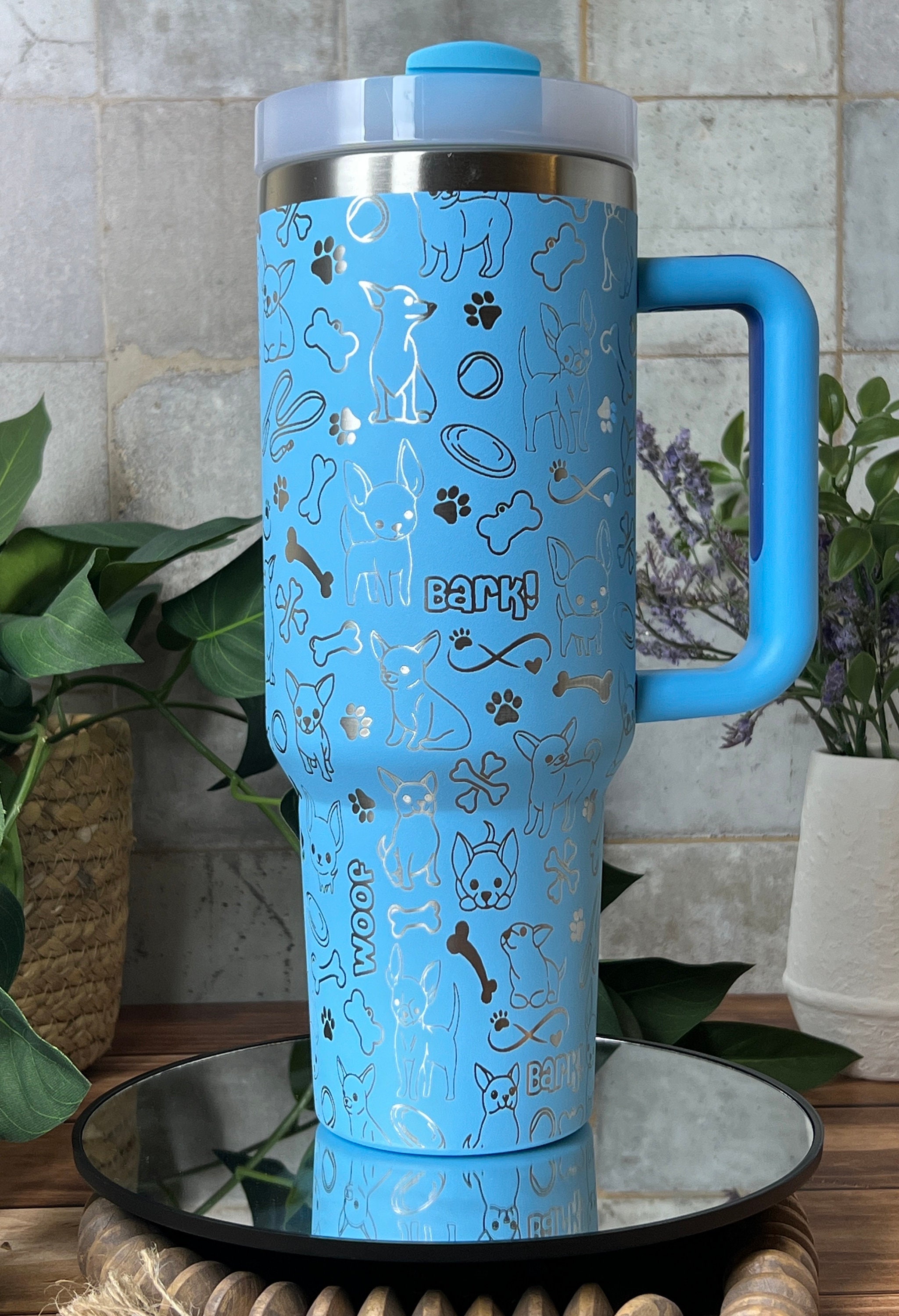 Chihuahua Dog Doodles Laser Engraved 40oz Pool Blue Seamless Non Branded Tumbler with Handle Lid Straw, Double Wall Insulated READY TO SHIP!