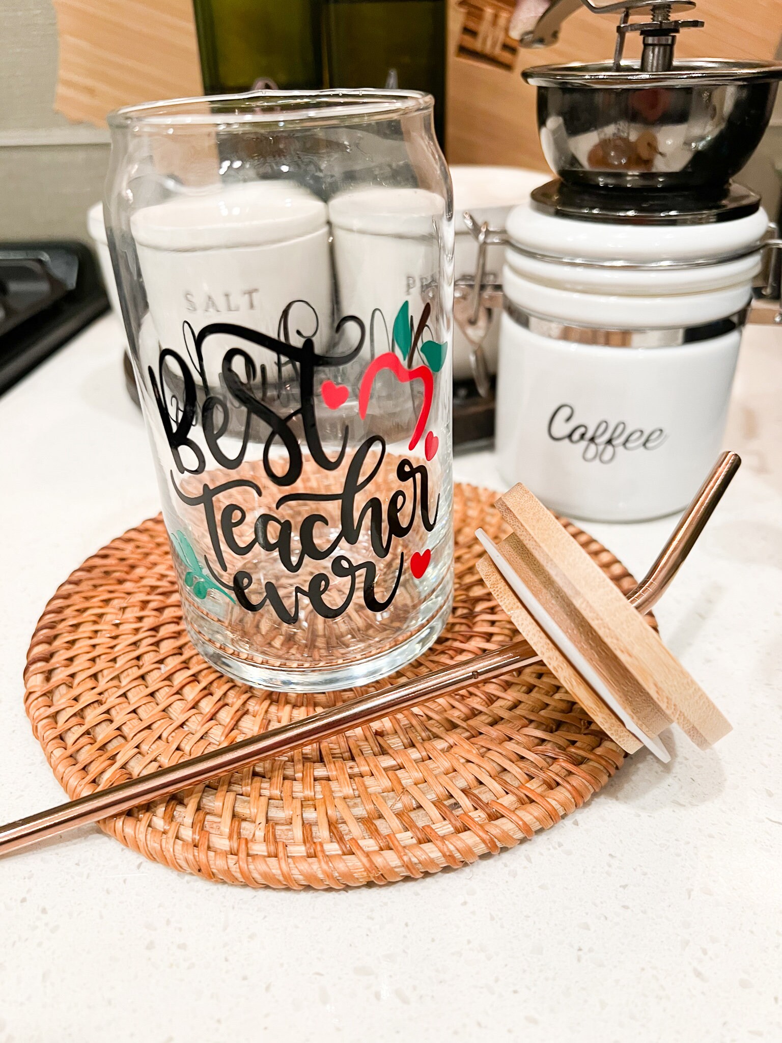 Best Teacher Ever Coffee Cup, Teacher Gift, Ice Coffee Drink, Personalized Gift with Name, Teacher Appreciation Gift, 16 oz Can Glass