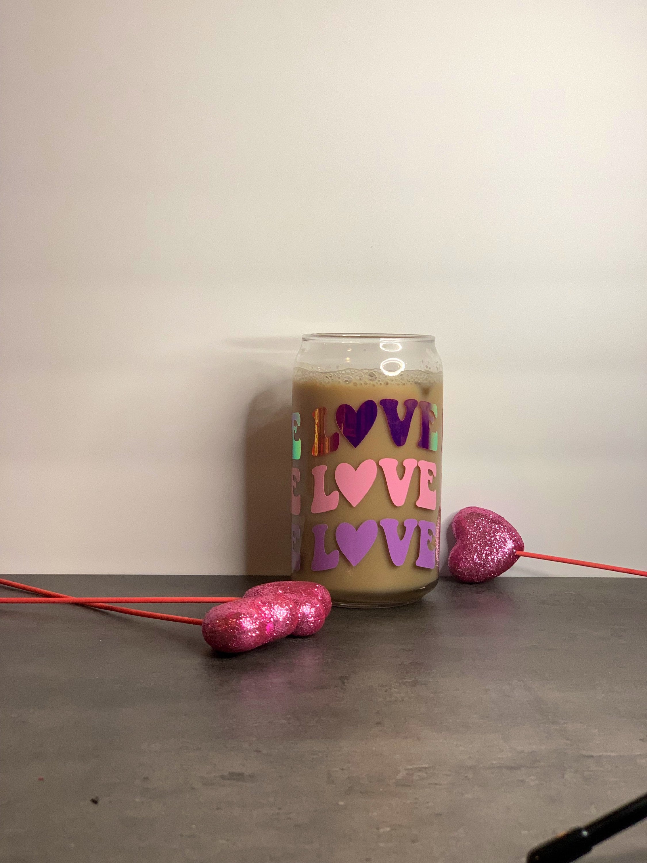 Valentines Day Beer Can Glass / Groovy Love Heart Glass / Custom Iced Coffee Cup / Coffee Lover Cup / Gift for her / Holographic Tumbler