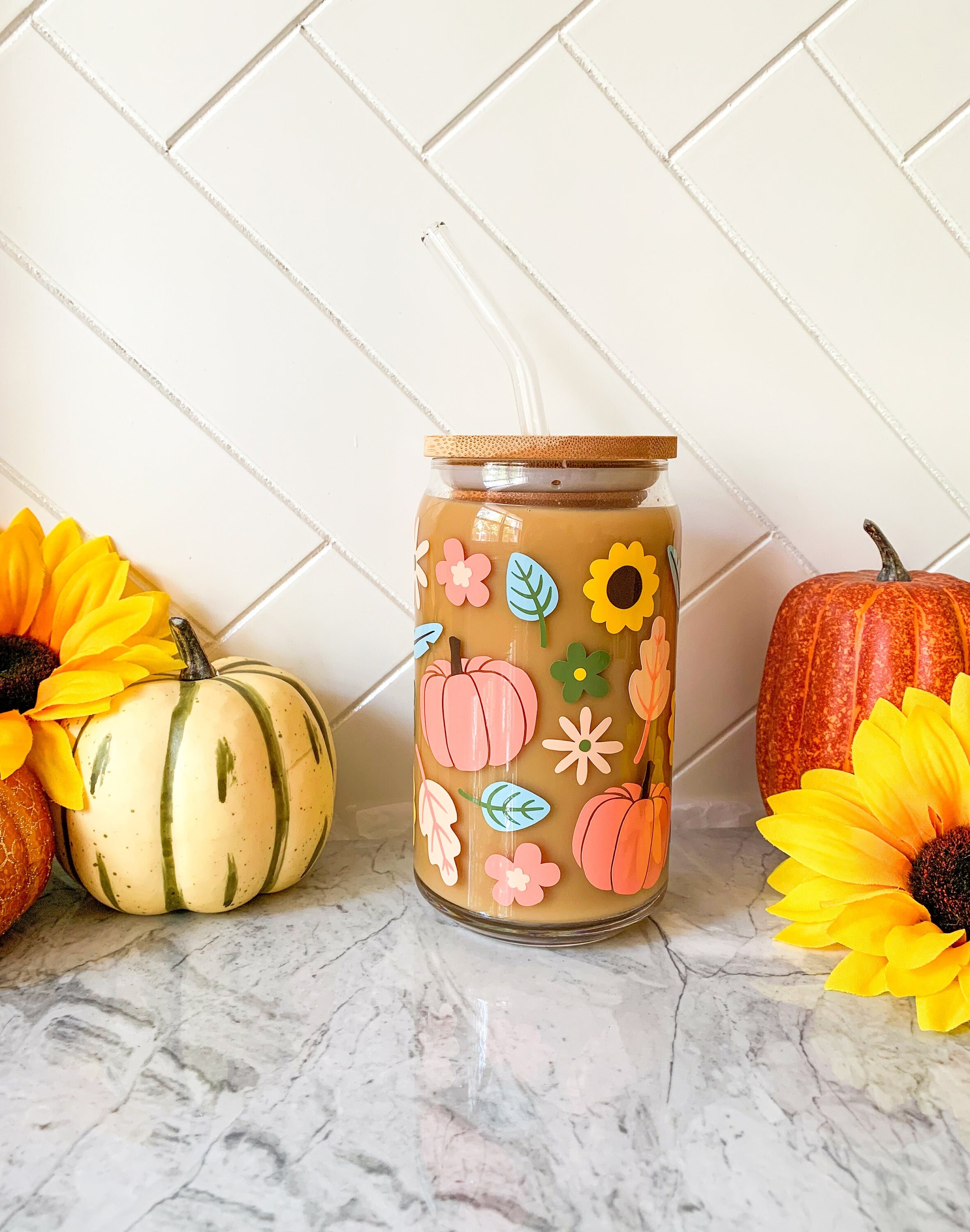 Fall Floral Glass Cup | Fall Can Glass | Pumpkin Can Glass | Fall Kitchen Decor | Fall Floral Decor | Cute Fall Cup | Autumn Can Glass